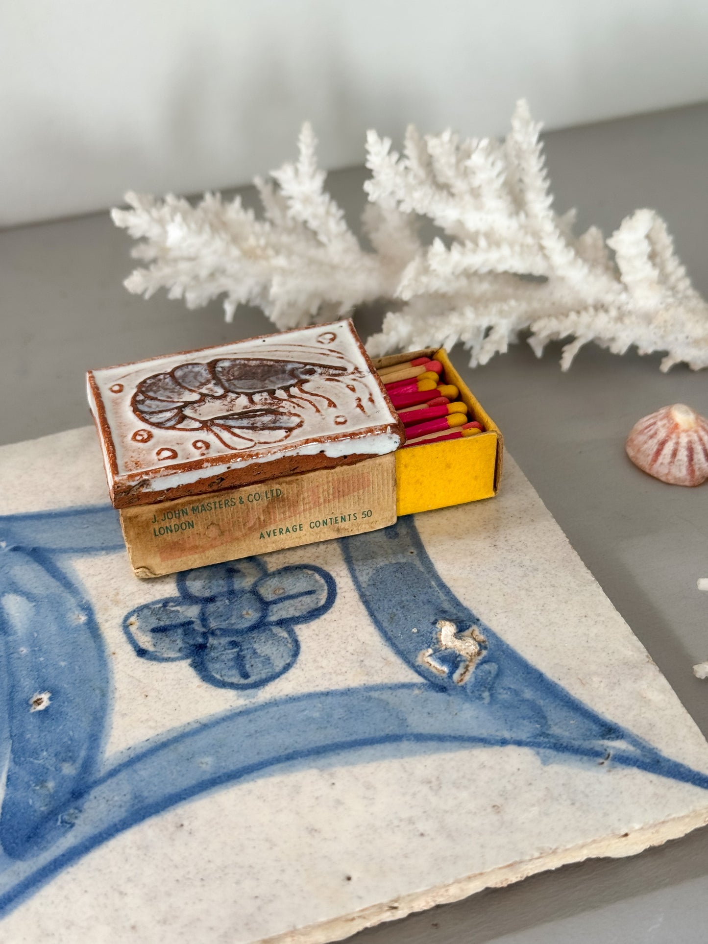 Vintage Handmade Folk Art Slipware Matchbox – Prawn Motif