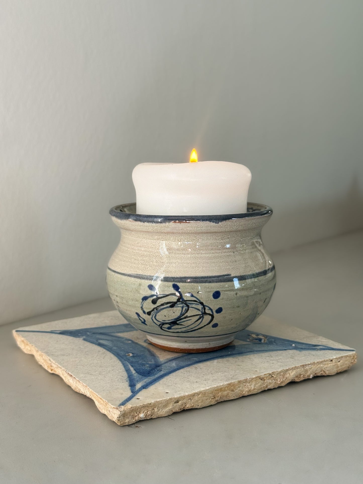 Vintage Abstract Studio Pottery Pot - Blue, Green & Speckled Grey Glaze
