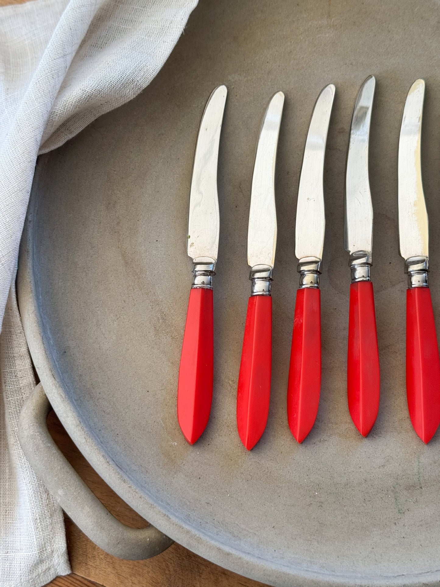 Set of 6 Vintage Silver Plated Tea Knives with Red Handles