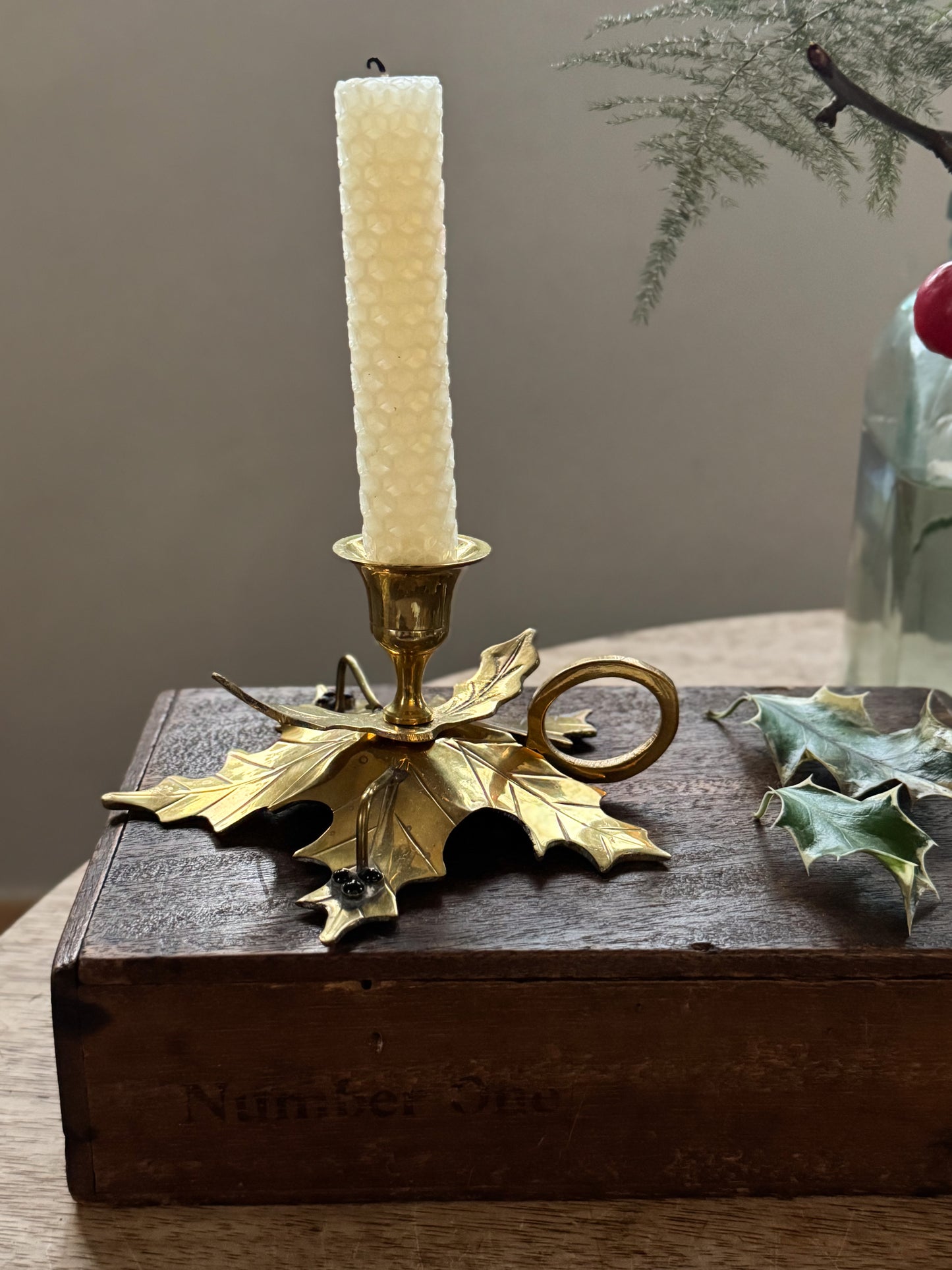 Vintage Handmade Solid Brass Holly Leaf Chamberstick with Polished Onyx Details