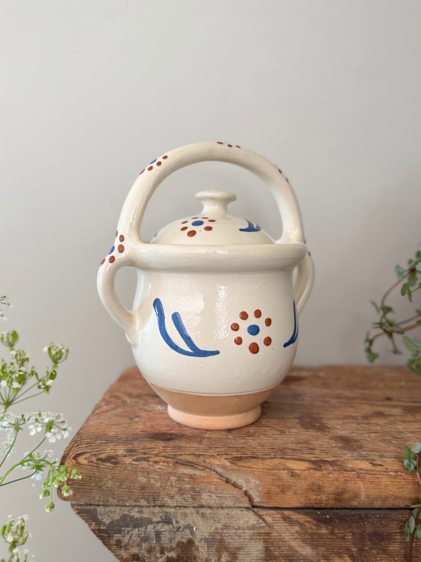 Hand-Painted Folk Art Studio Pottery Lidded Pot — Signed,
Sourced in Prenzlauer Berg, Berlin