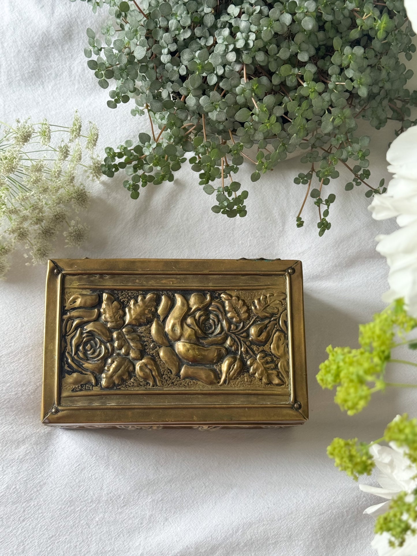 Handmade Antique Arts & Crafts Brass and Wood Box – Embossed Roses Design