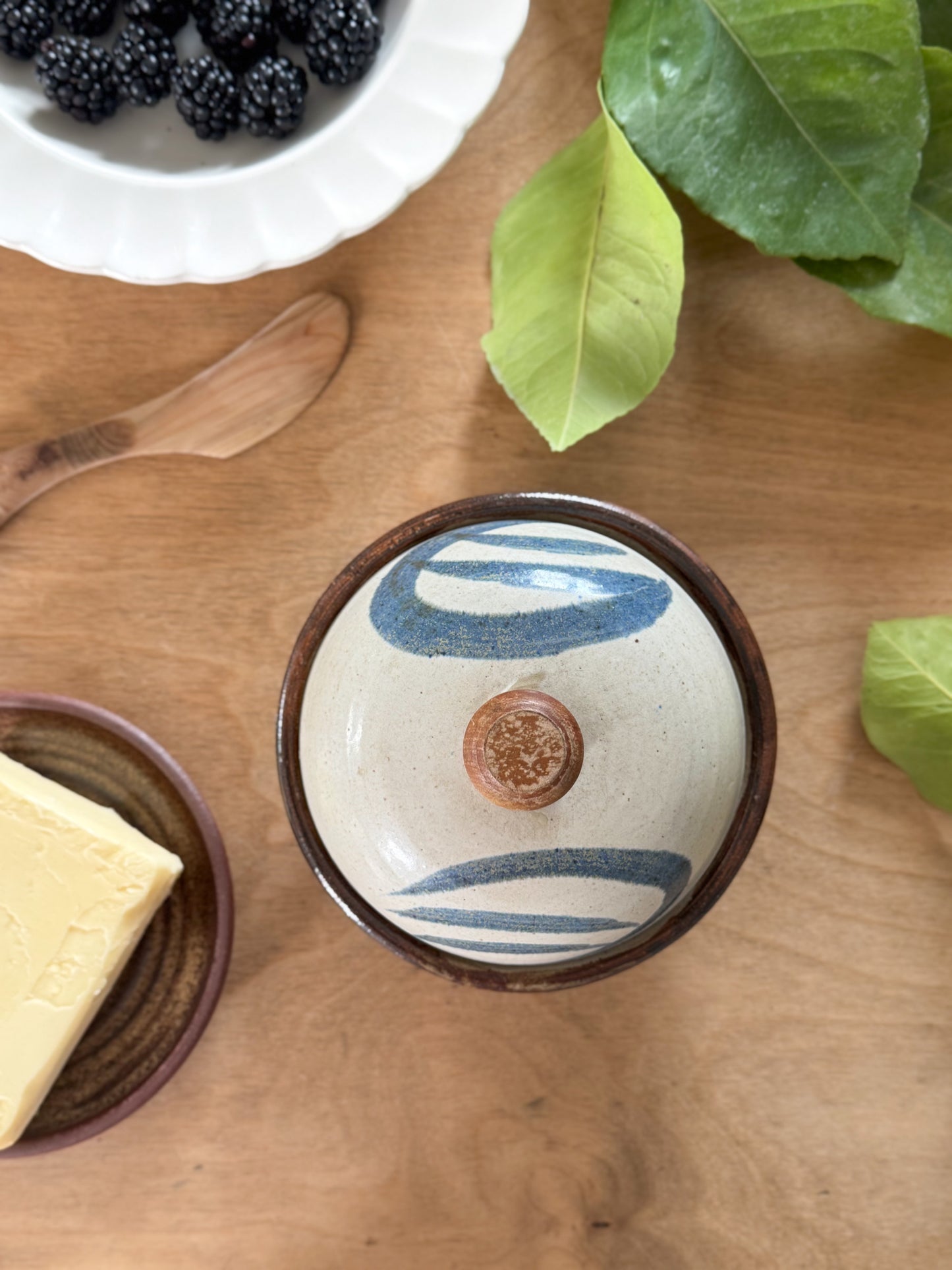 Handmade Studio Pottery Butter Dish with Wooden Handle