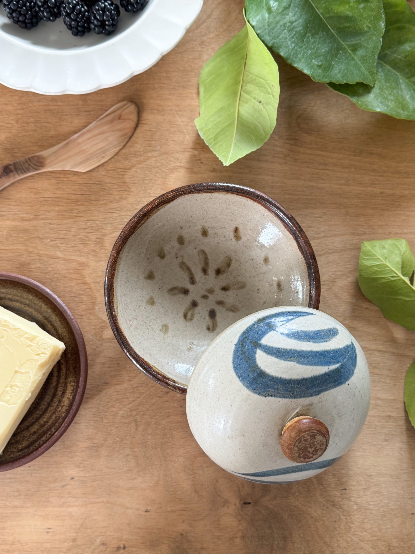 Handmade Studio Pottery Butter Dish with Wooden Handle