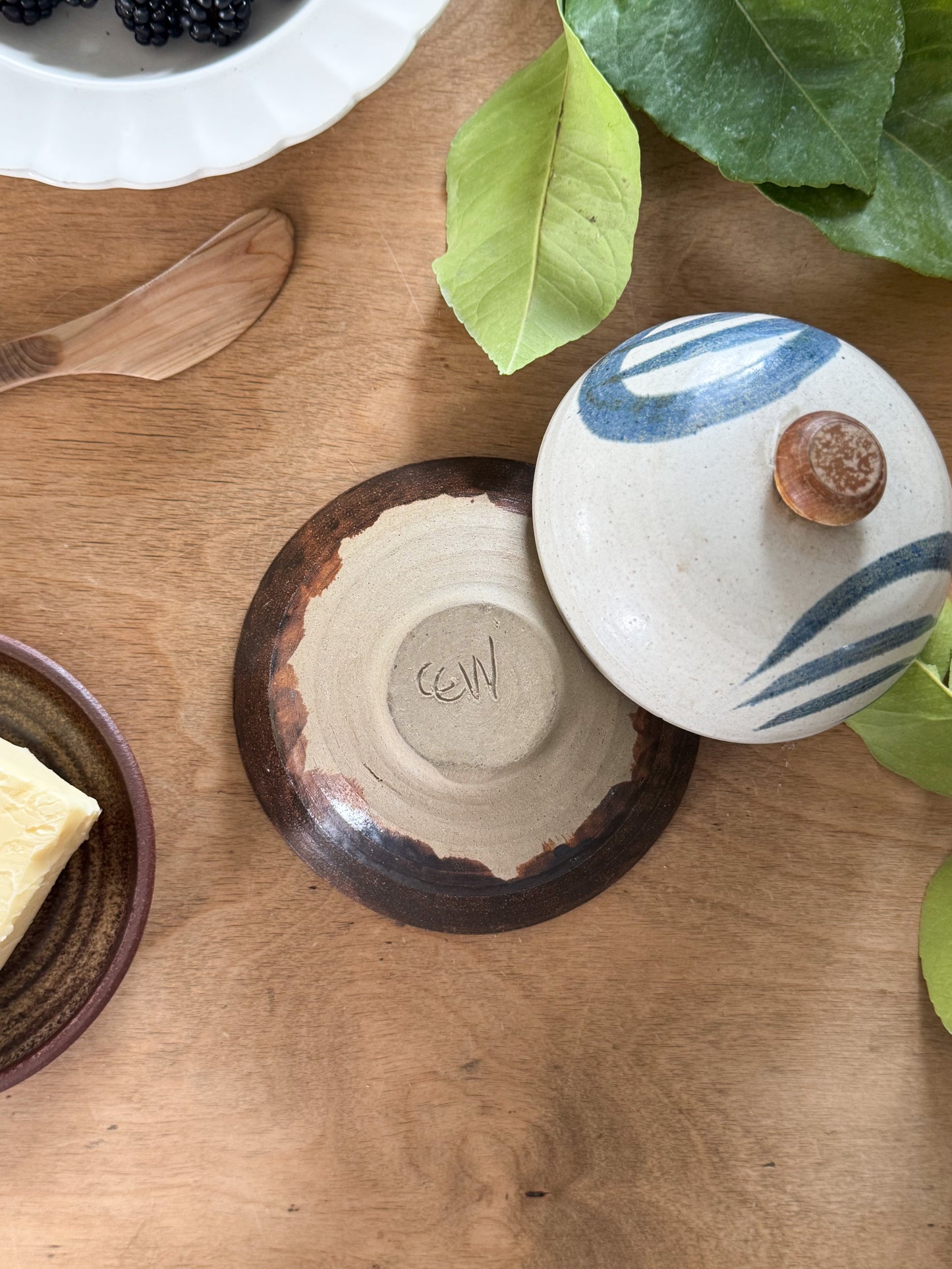 Handmade Studio Pottery Butter Dish with Wooden Handle