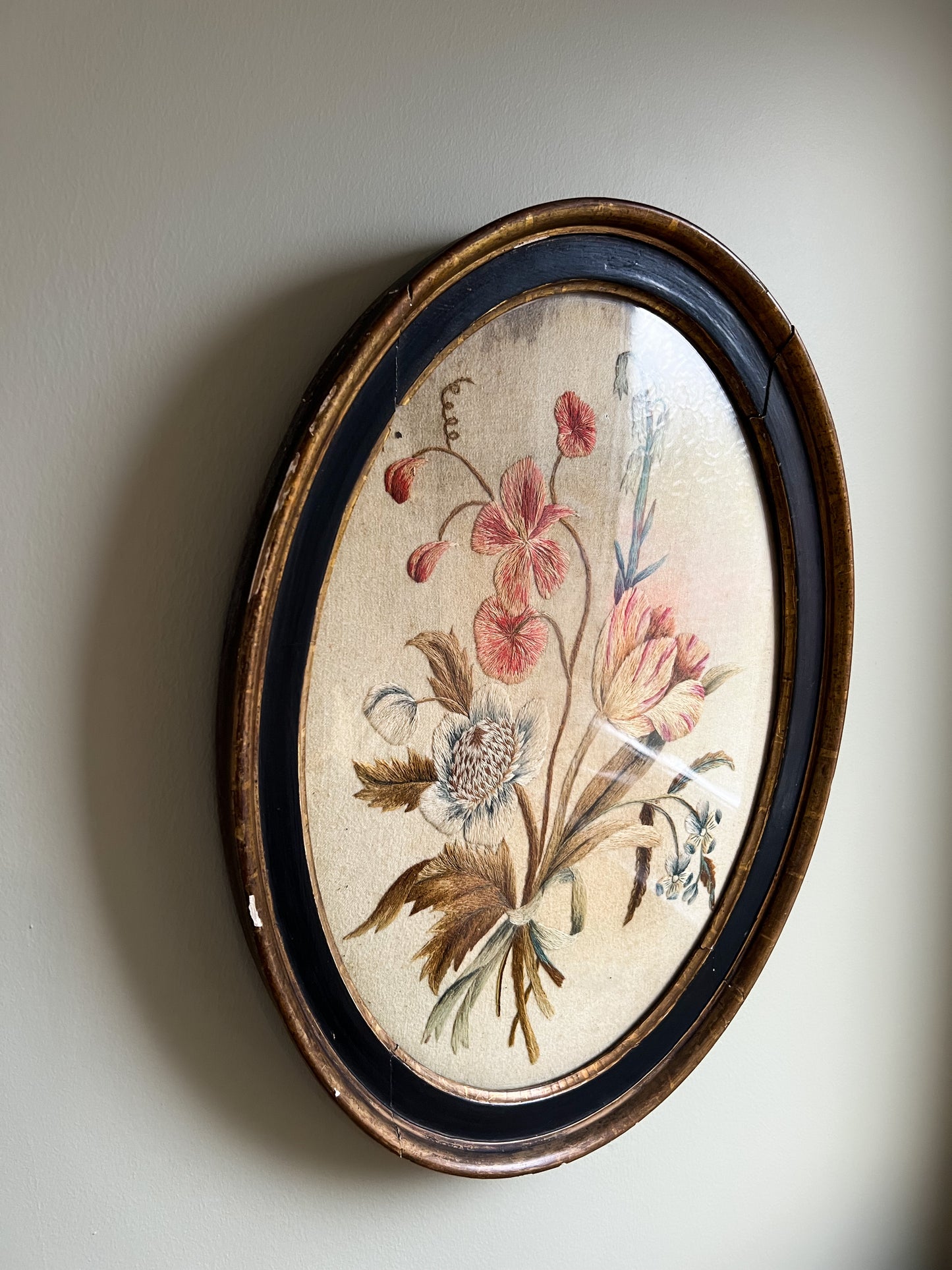 Antique Framed Floral Embroidery