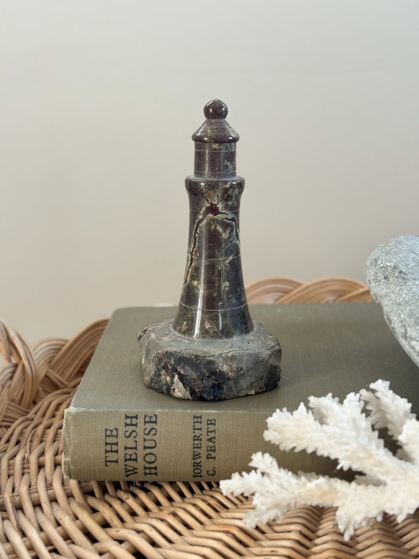 Vintage Hand-Carved Marble Lighthouse on Natural Stone Base
