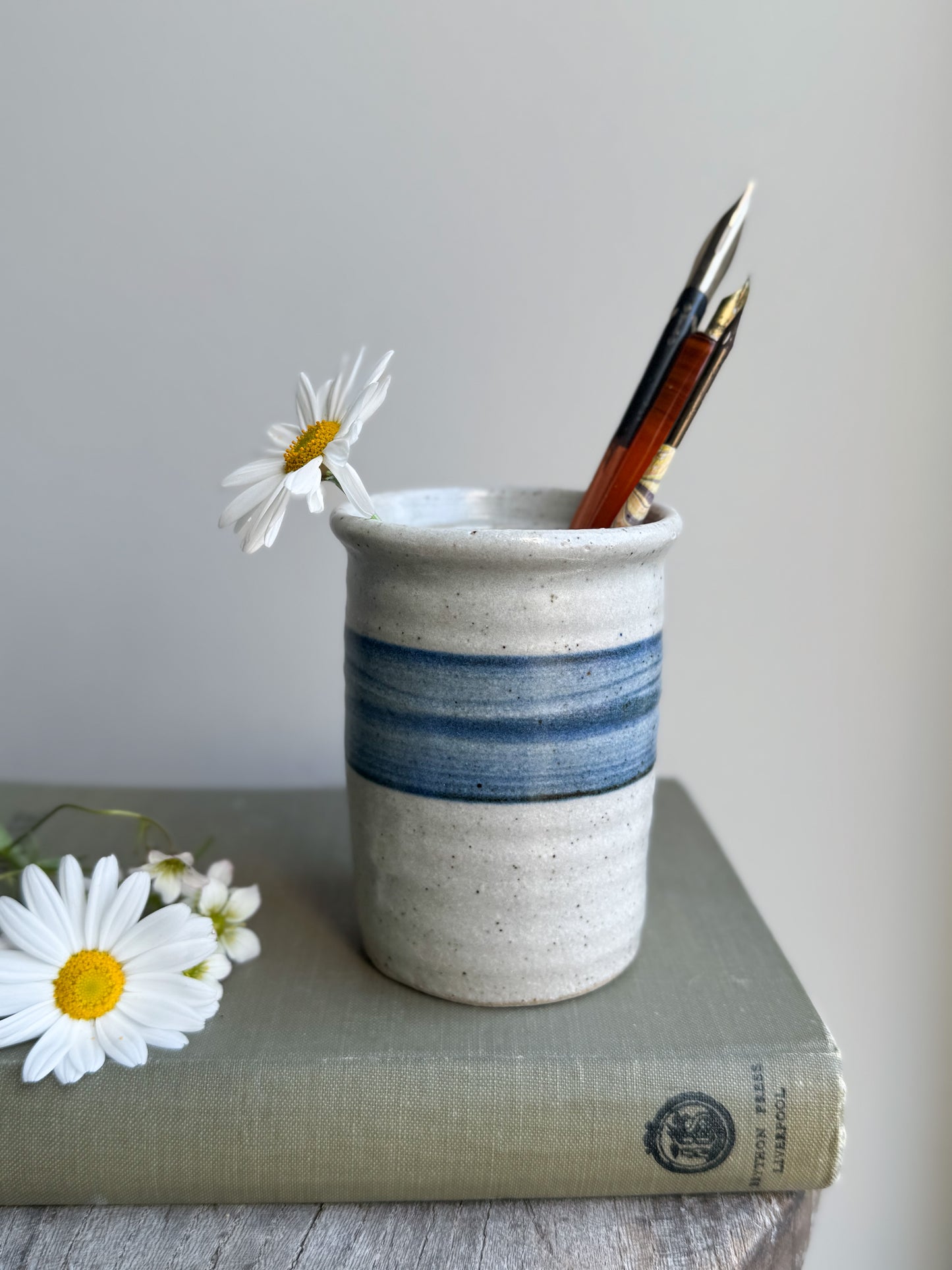 Studio Pottery Brush Pot with Blue Banding – Made in Cley, Norfolk