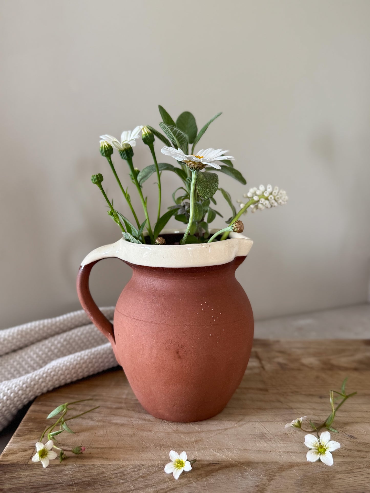 Antique English Terracotta Slipware Jug with Cream Rim