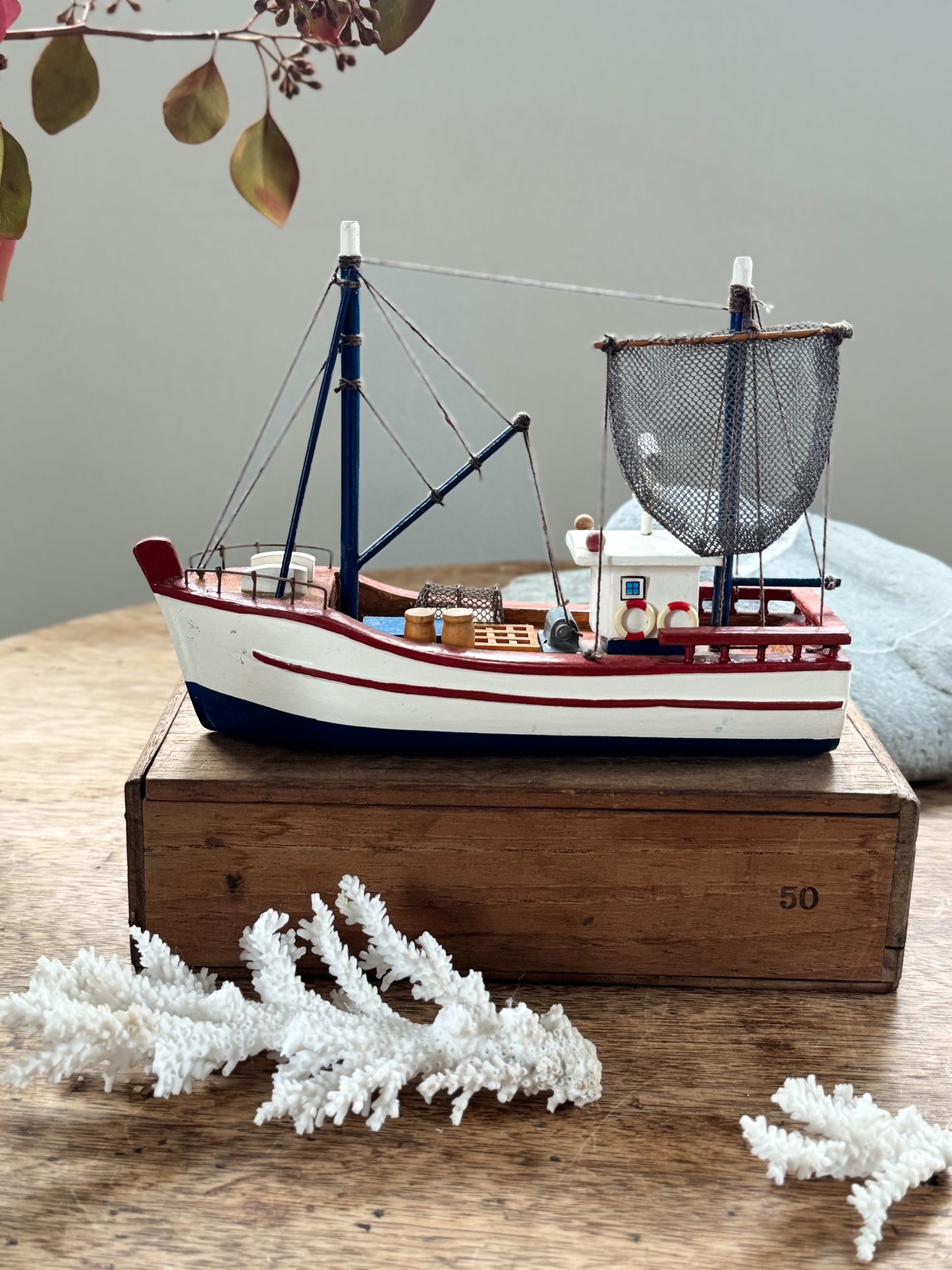 Vintage Handmade & Hand-Painted Wooden Fishing Trawler