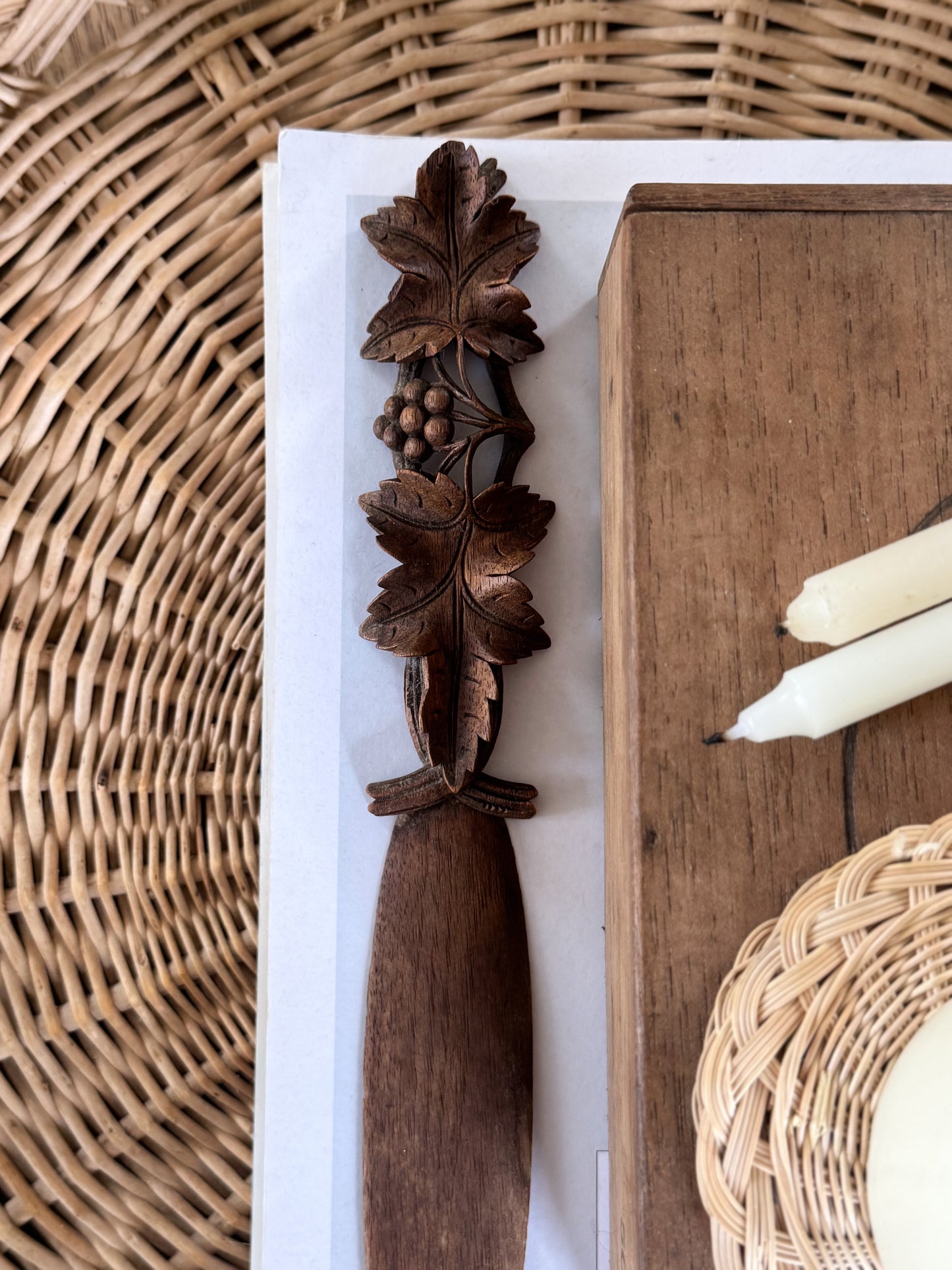 Antique Hand-Carved Wooden Letter Opener – Grapevine Motif