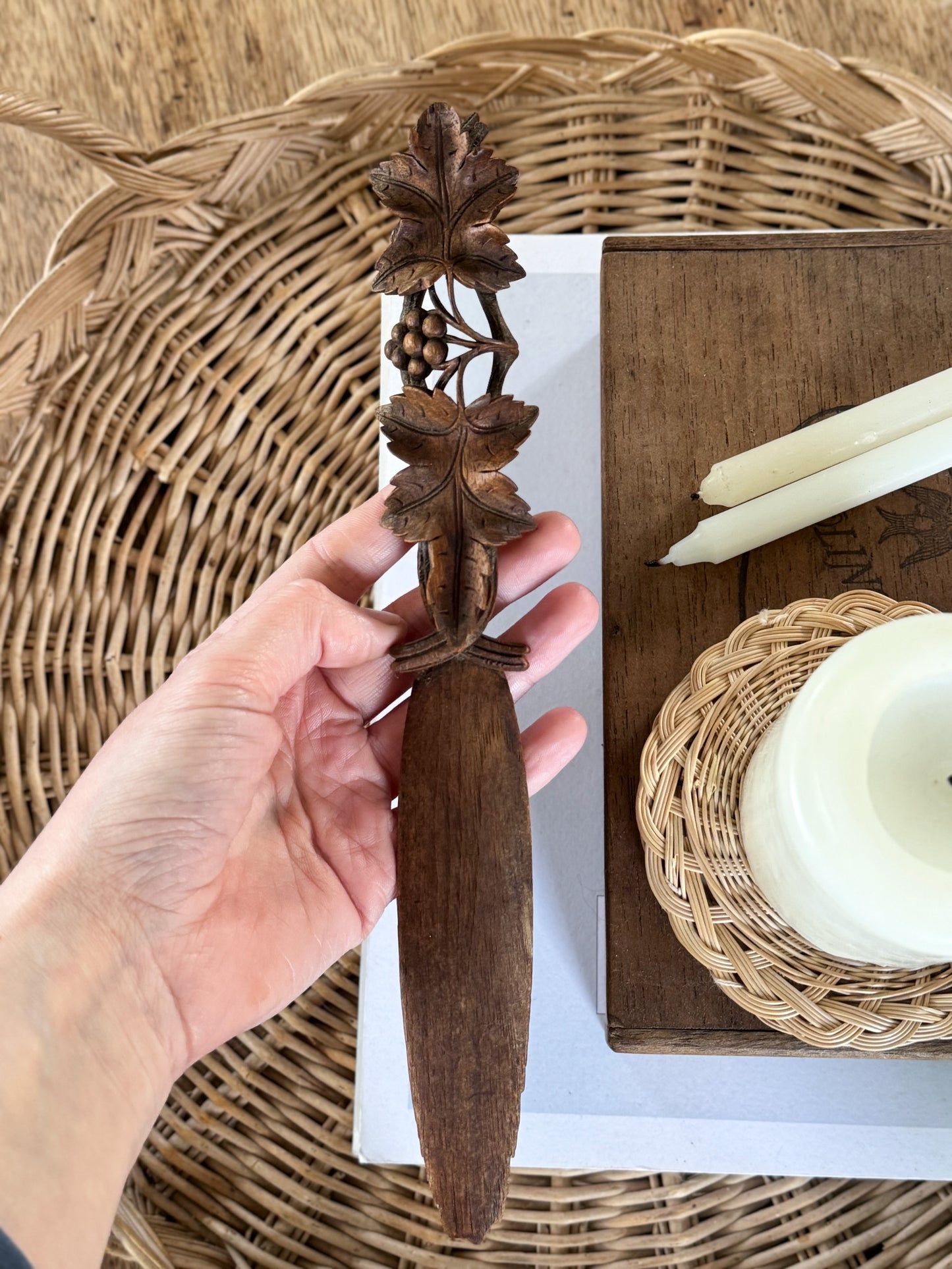 Antique Hand-Carved Wooden Letter Opener – Grapevine Motif