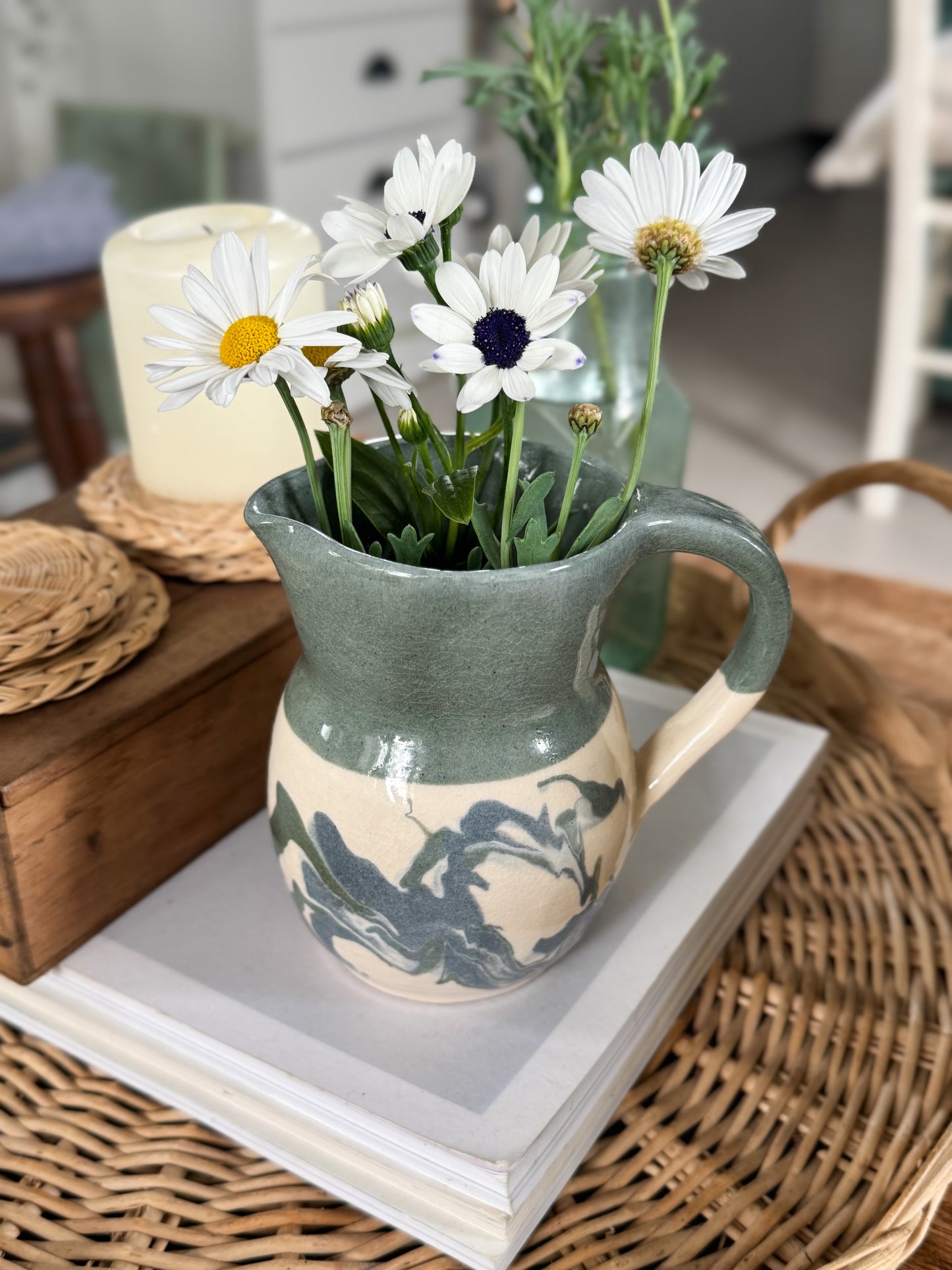 Vintage Studio Pottery Blue & Green Marbled Glaze Jug