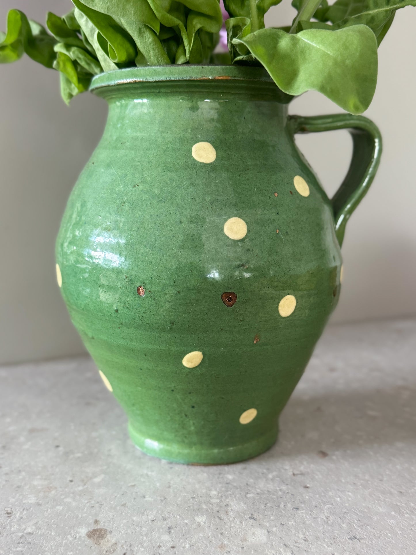 Vintage 20th Century Hungarian Green Polka Dot Terracotta Pot