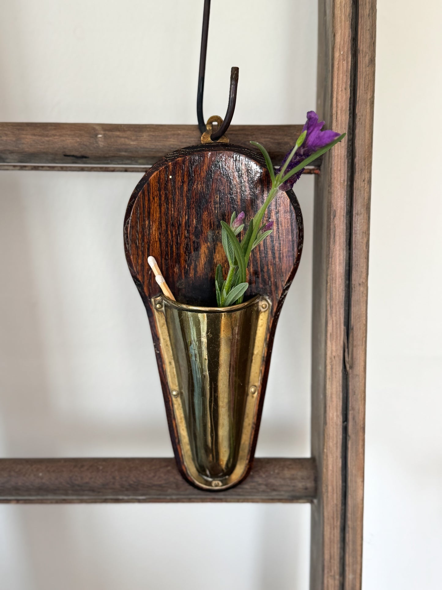 Antique Handmade Wood & Brass Wall Pocket