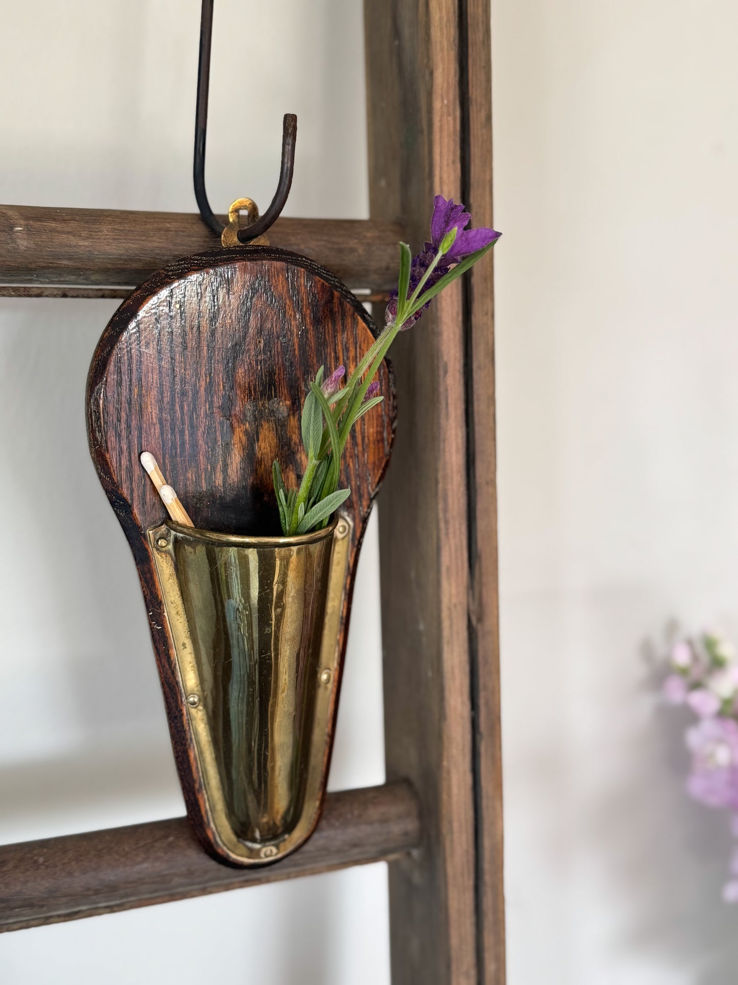 Antique Handmade Wood & Brass Wall Pocket