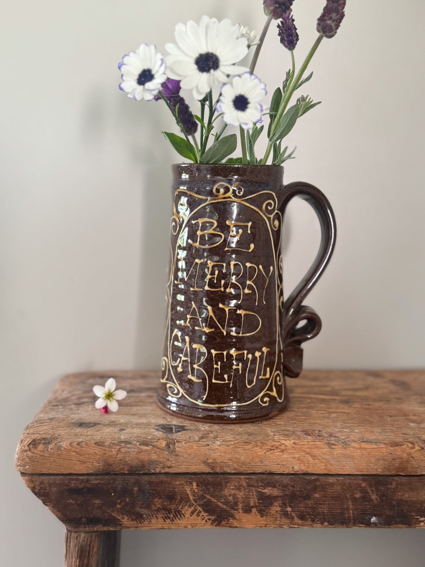 Rare Peter Currell Brown Slipware Motto Jug – “Be Merry and Careful”