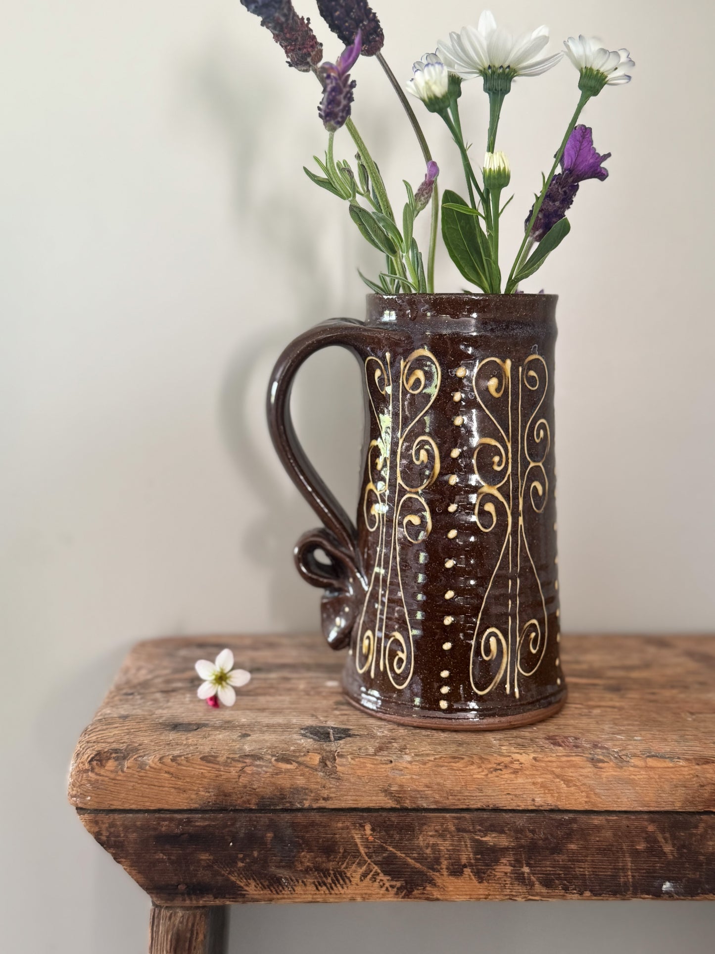 Rare Peter Currell Brown Slipware Motto Jug – “Be Merry and Careful”