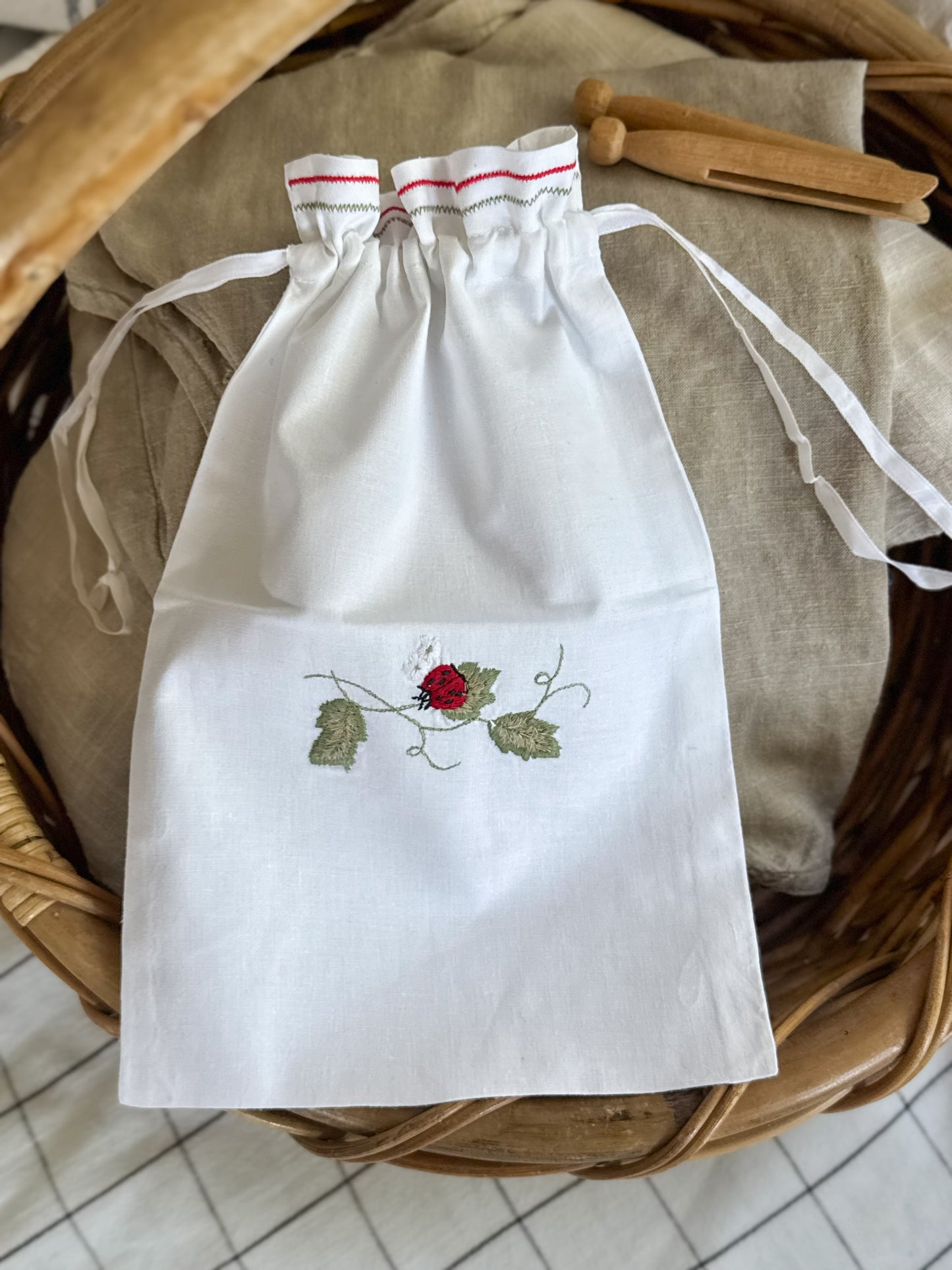 Vintage Hand-Embroidered 100% Cotton Drawstring Bag - Ladybird Design