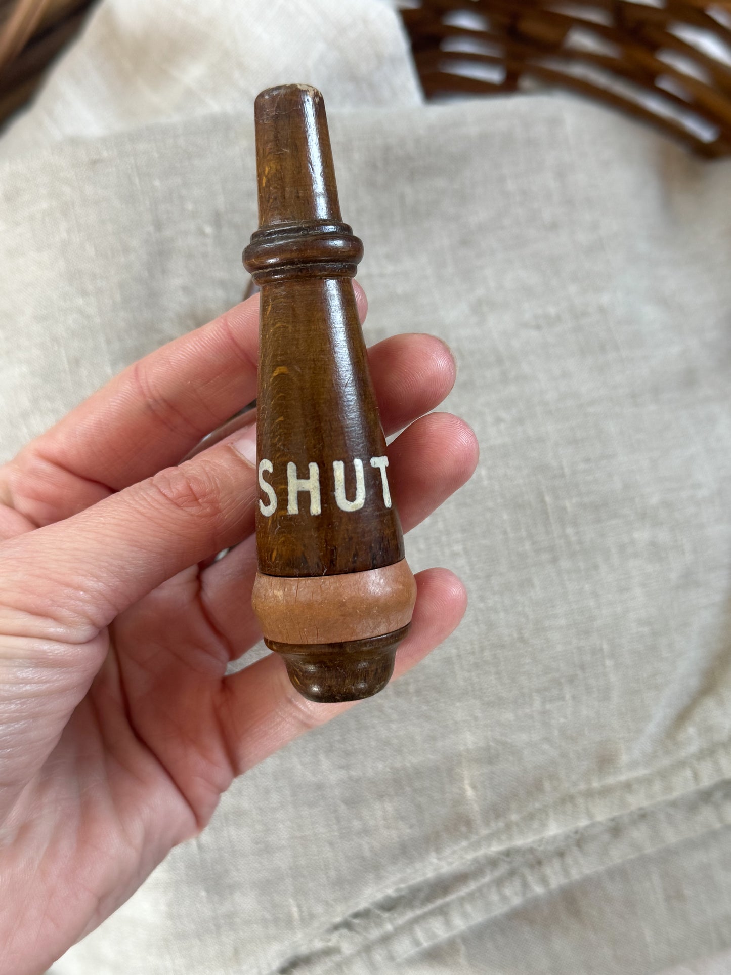 Antique 1920s/30s Hand-Turned Wooden Light Pulls – ‘SHUT’ (Pair)