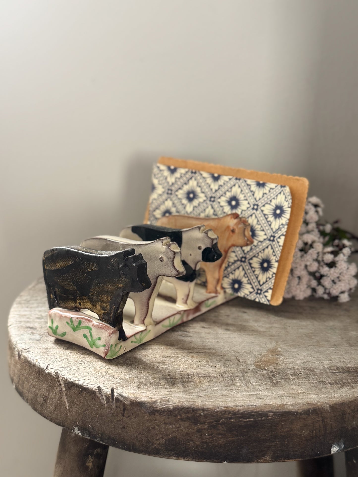 Studio Pottery Slipware ‘Cows’ Letter Rack by Heather Swain, Cornwall