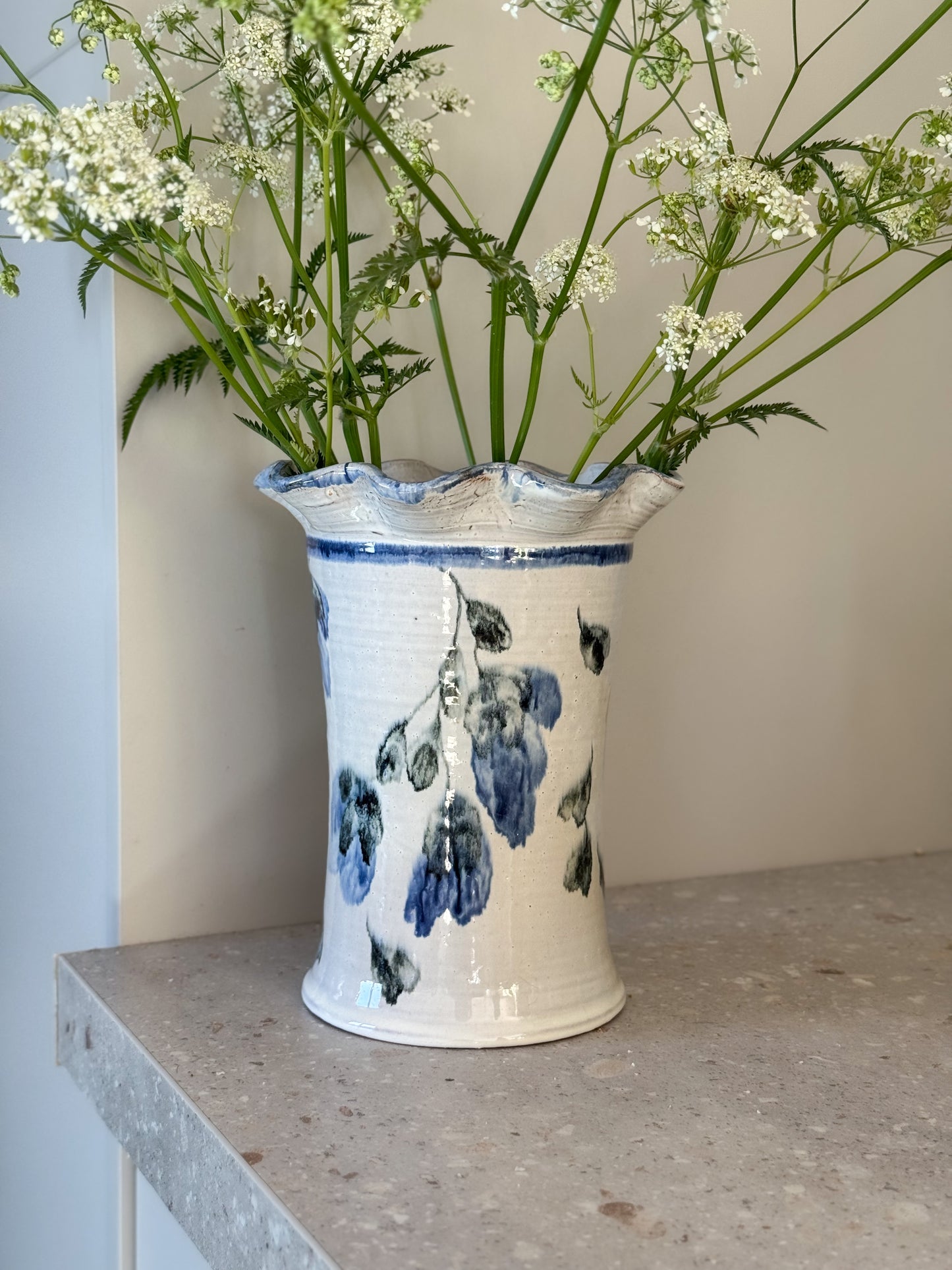 Rare German Studio Pottery Vase – Hand-Painted Blue Florals with Scalloped Rim