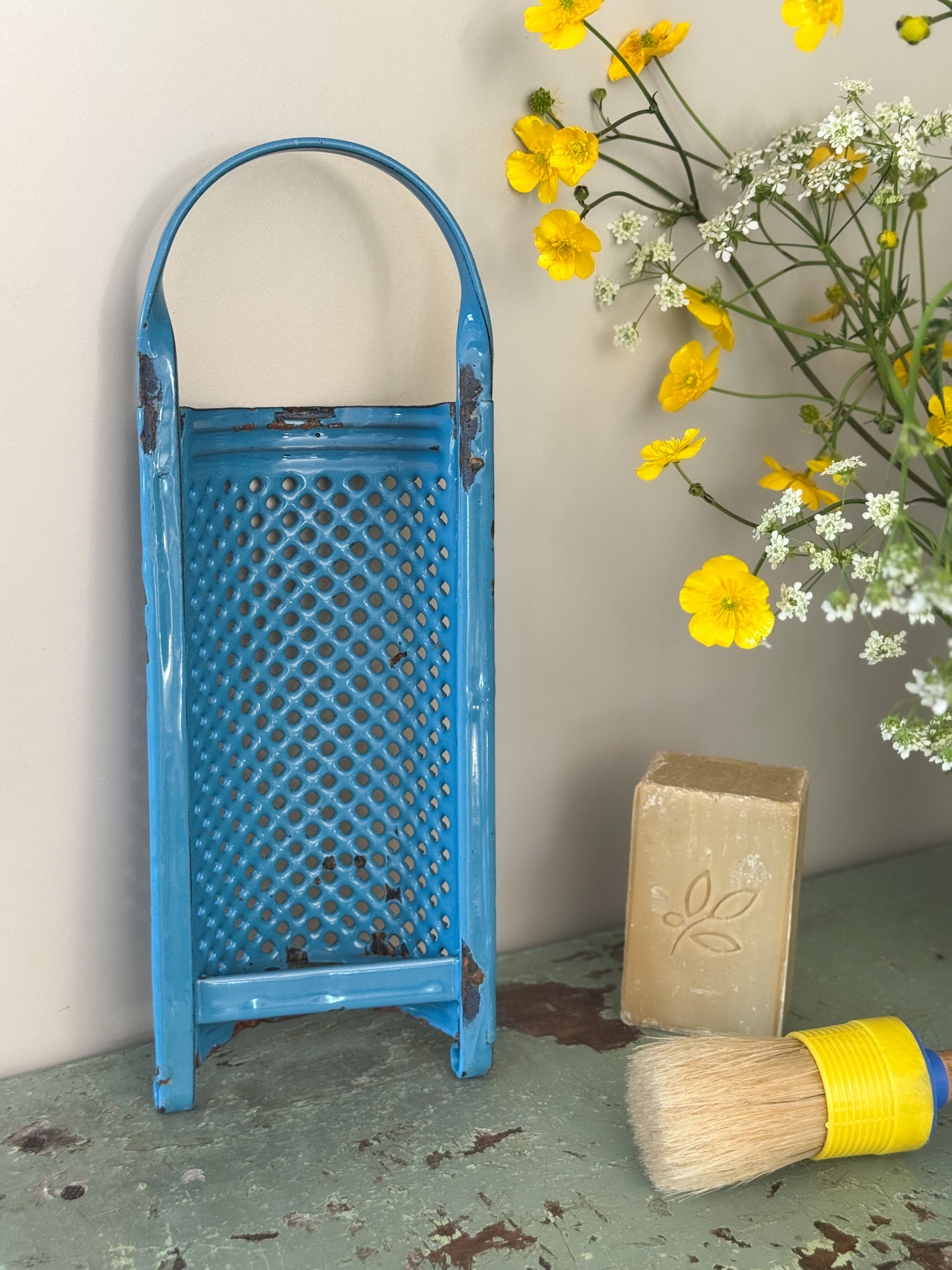 Vintage German Enamel Grater – Bright Blue (c.1950s, Sourced in Prenzlauer Berg)