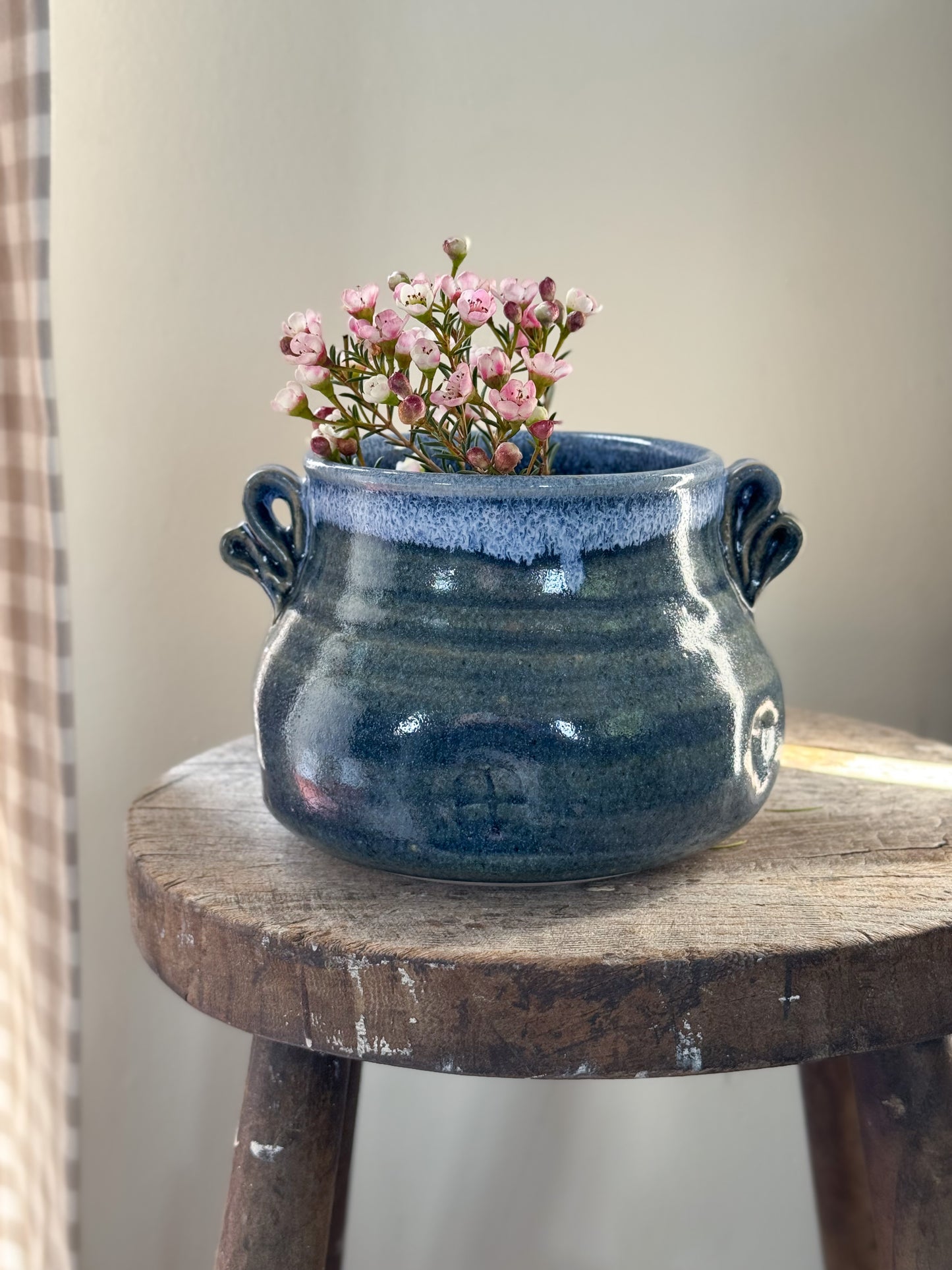 Vintage Studio Pottery Blue Drip Glaze Pinched Pot – Signed JL