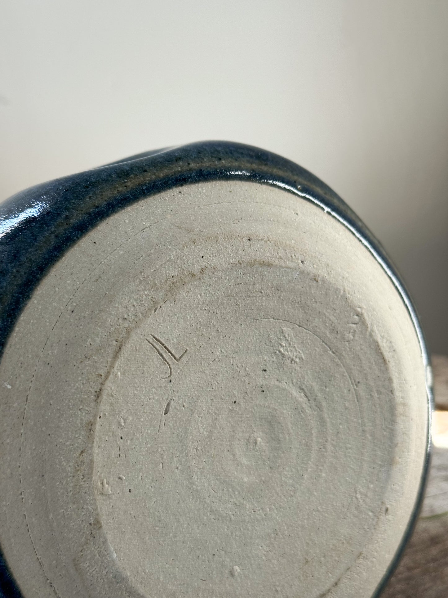 Vintage Studio Pottery Blue Drip Glaze Pinched Pot – Signed JL