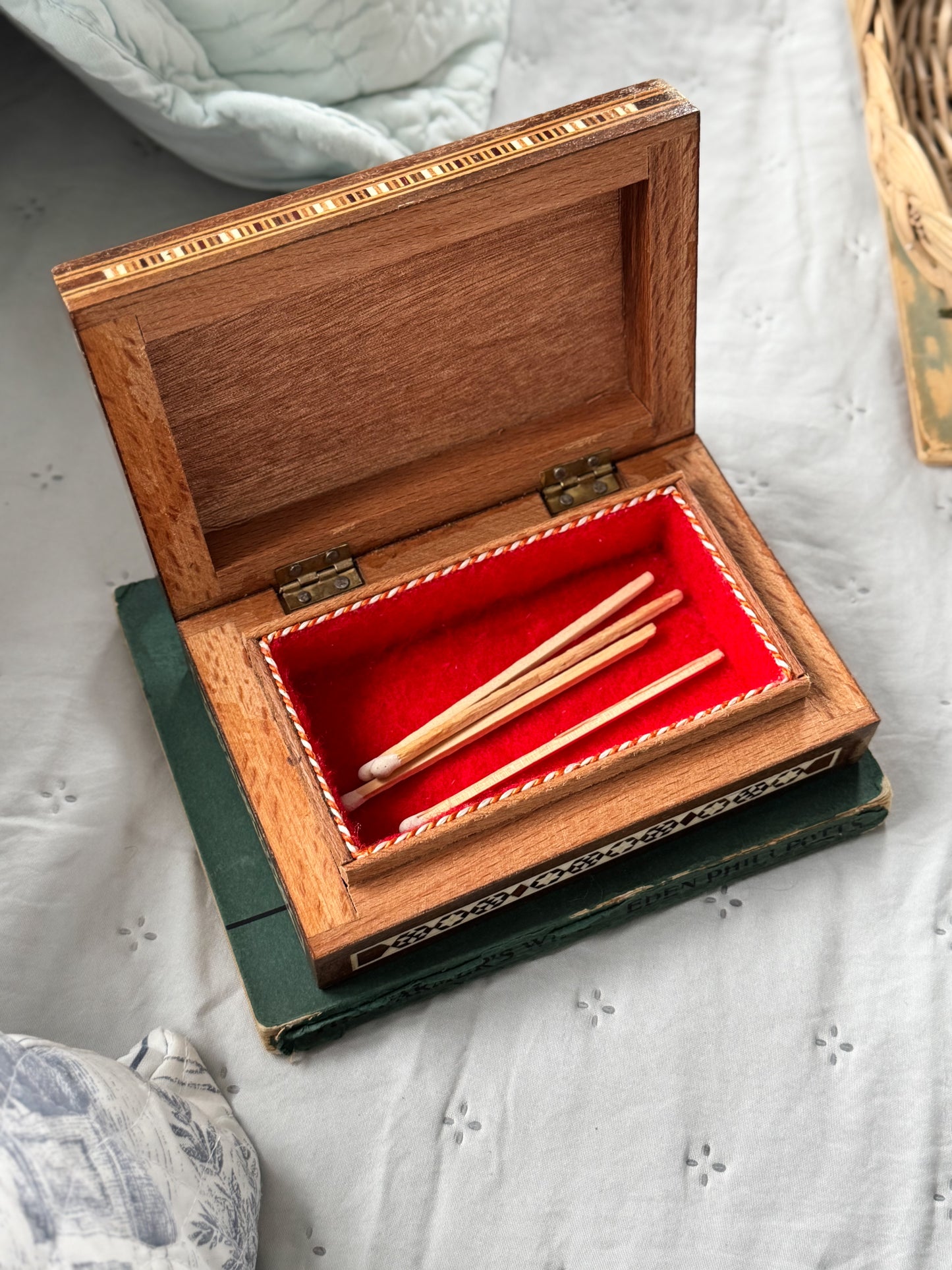 Vintage Inlaid Trinket Box with Mother of Pearl | Red Velvet Lined