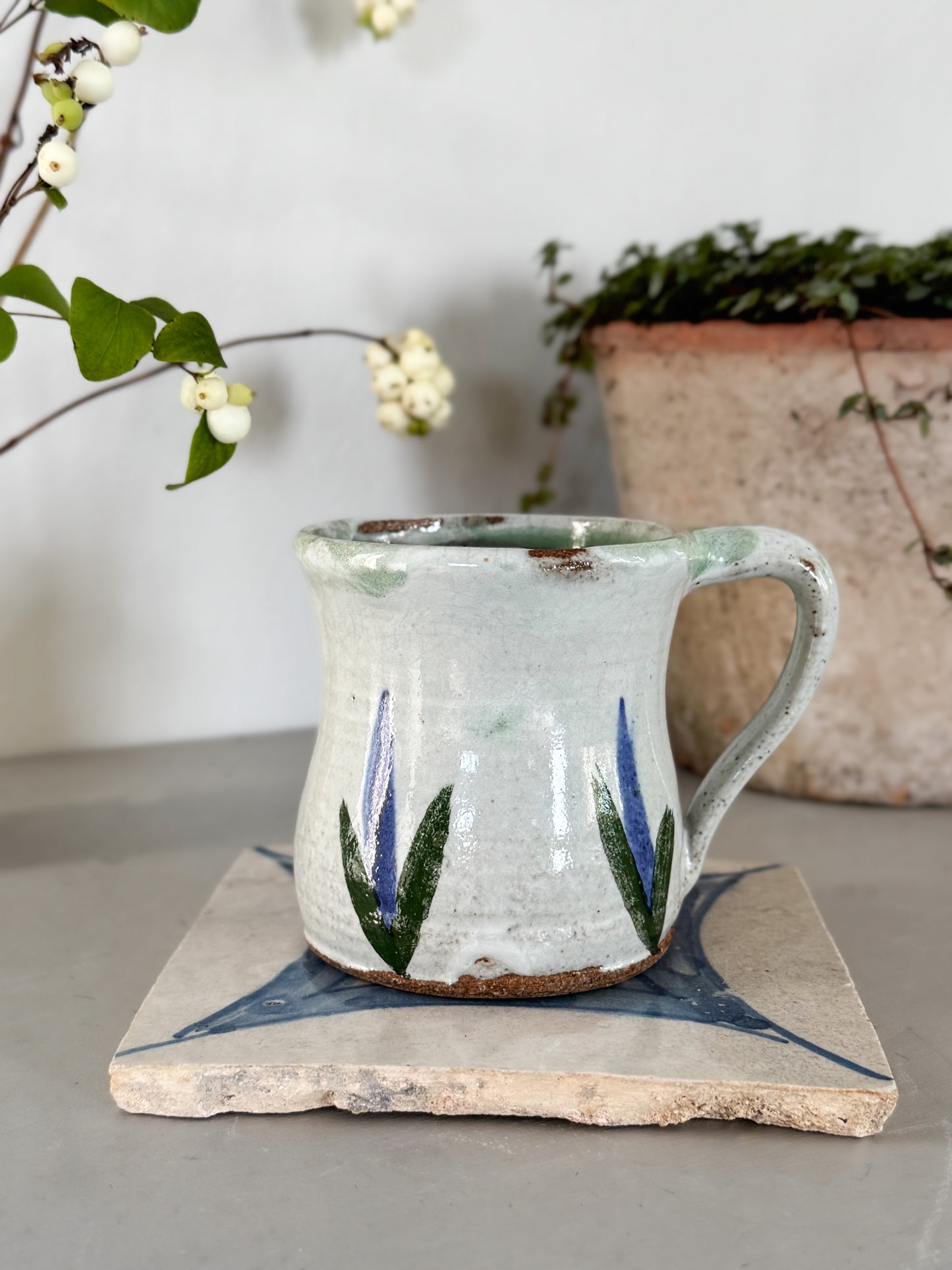 Vintage Studio Pottery Mug, Handpainted Leaves