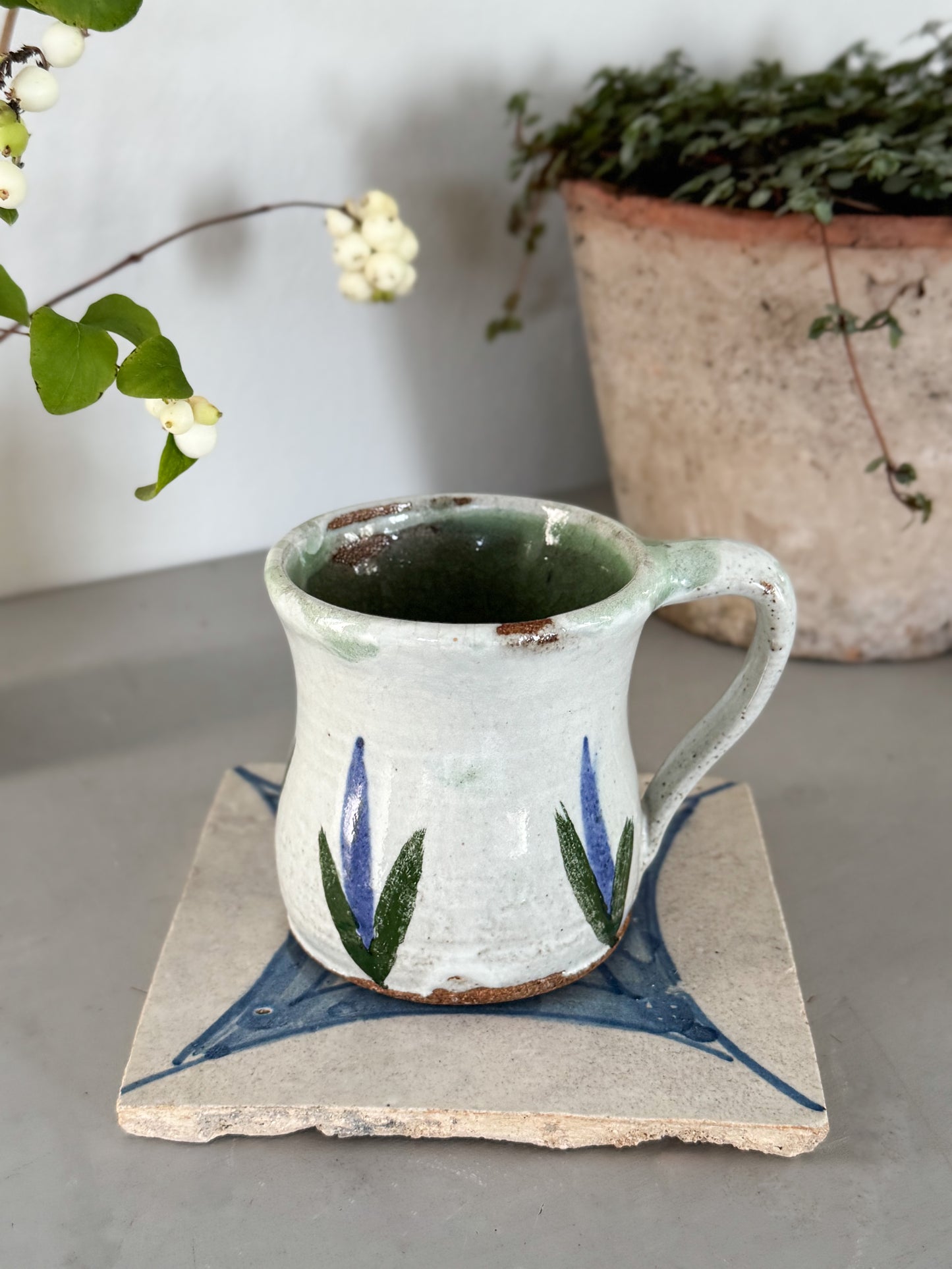 Vintage Studio Pottery Mug, Handpainted Leaves