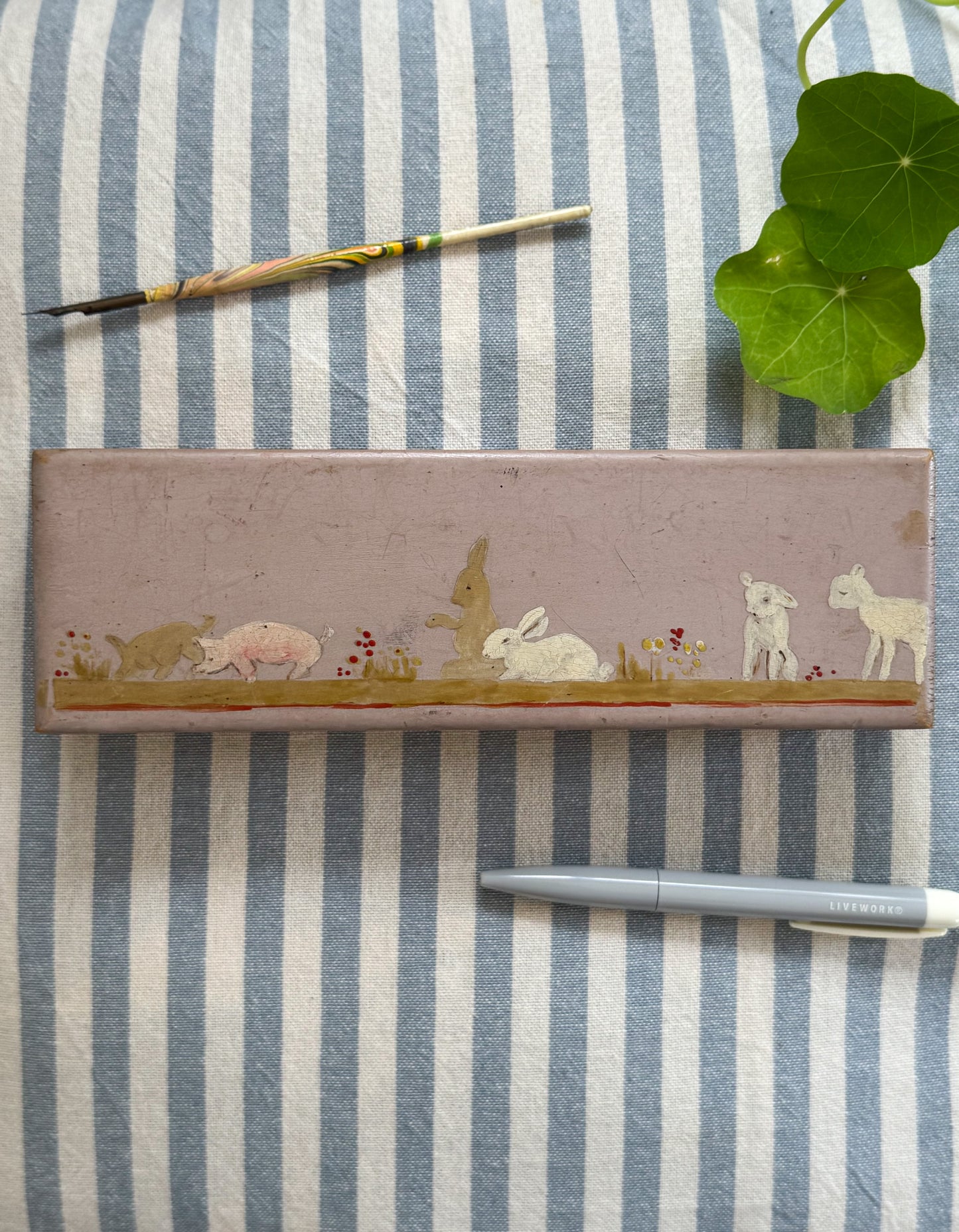 Vintage Hand-Painted Folk Art Wooden Pencil Case – Child’s Keepsake Box