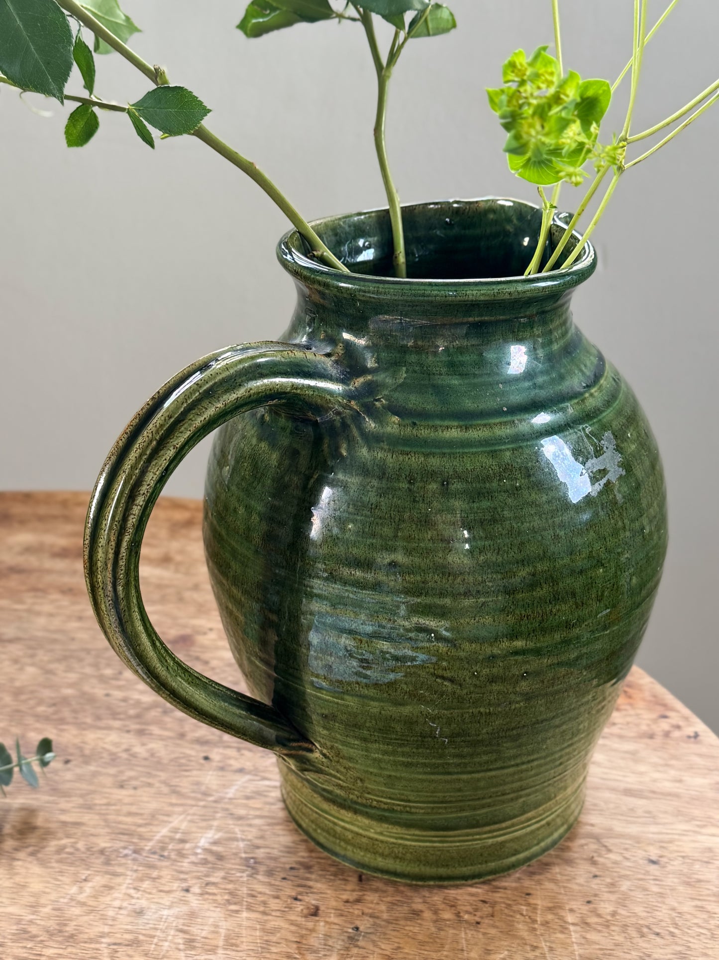 Unique Large Vintage Olive Green Glazed Studio Pottery Jug