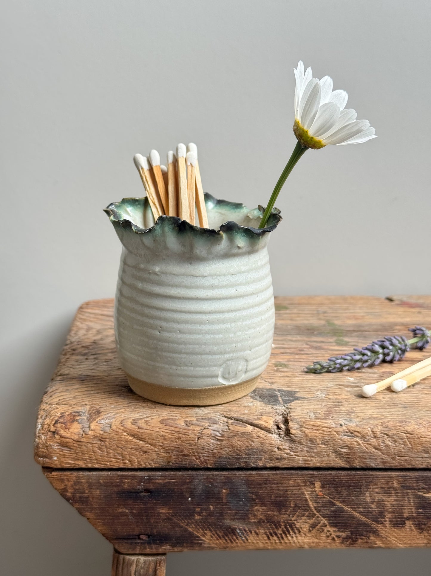 Vintage Studio Pottery Ruffled Rim Pot, Signed ‘JP’