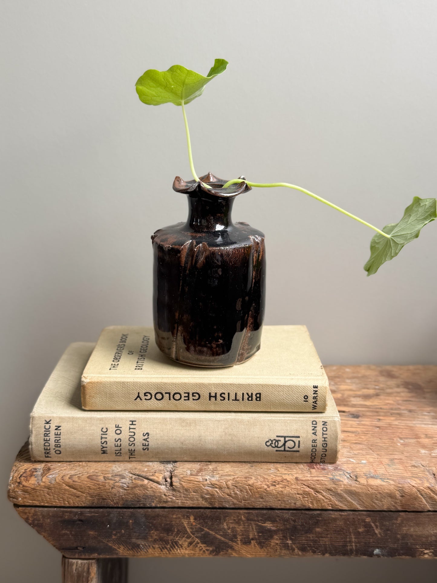 Vintage Studio Pottery Ruffle-Top Bottle Vase with Deep Brown Glaze