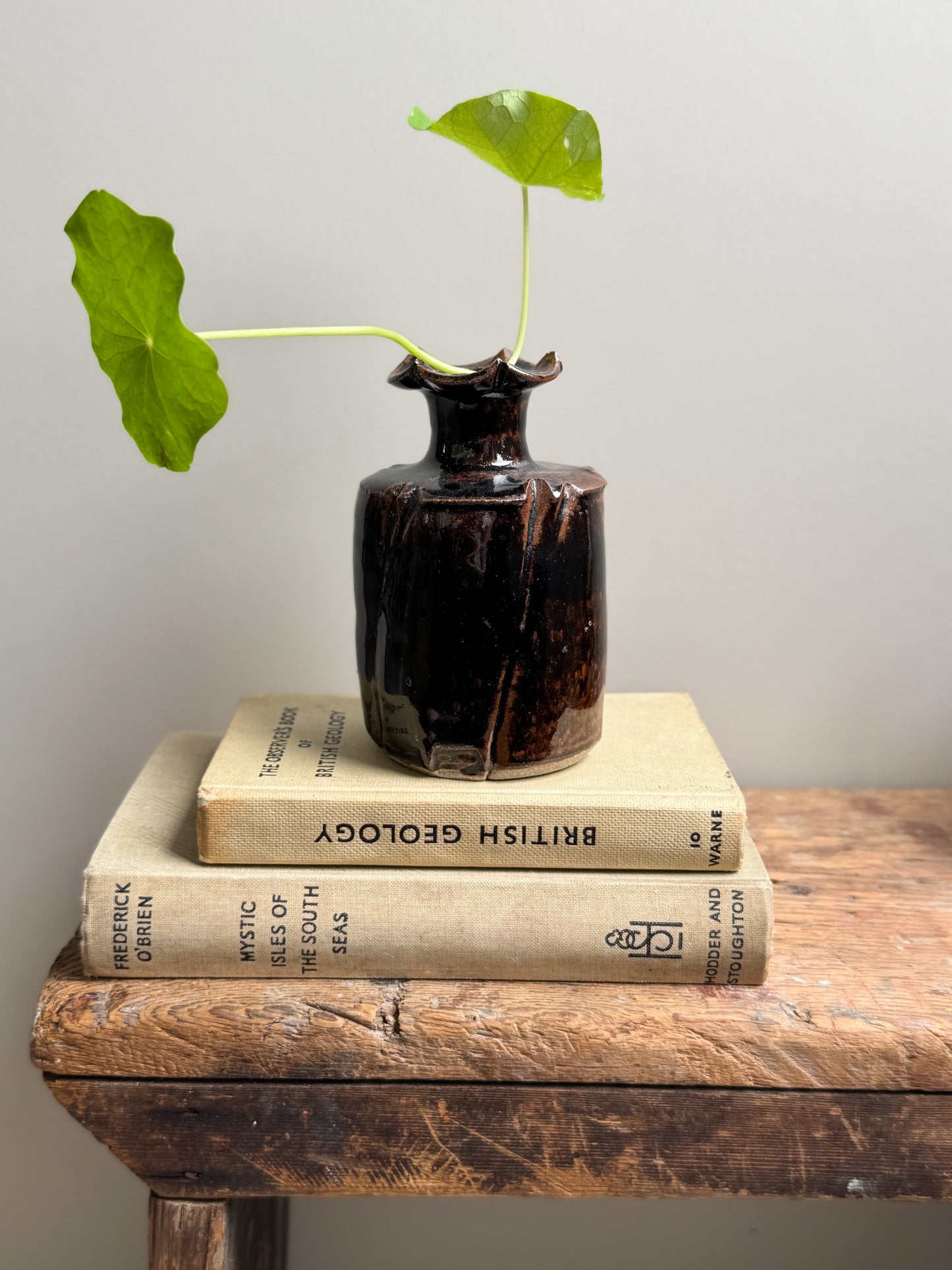 Vintage Studio Pottery Ruffle-Top Bottle Vase with Deep Brown Glaze