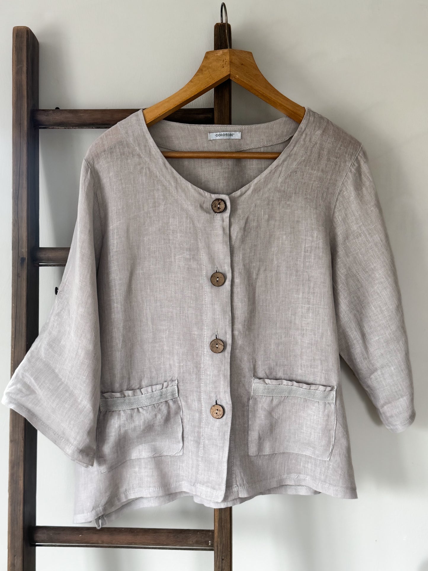 Colorie Paris 100% Linen Button-Up Top, Soft Grey, Size M-L