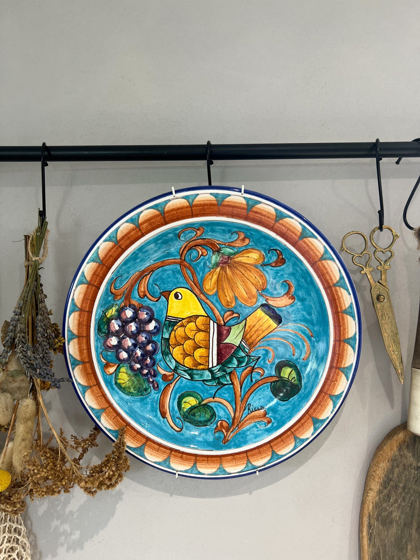 Vintage Ricceri Ceramics, Florence Italy, Hand-Painted Glazed Birds & Flowers Wall Plate