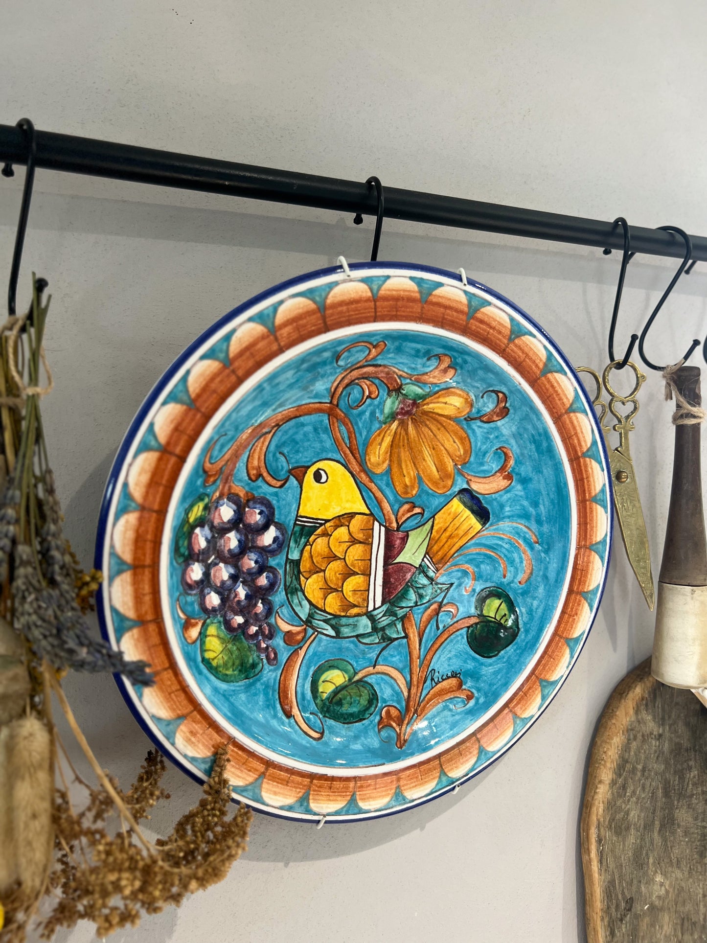 Vintage Ricceri Ceramics, Florence Italy, Hand-Painted Glazed Birds & Flowers Wall Plate