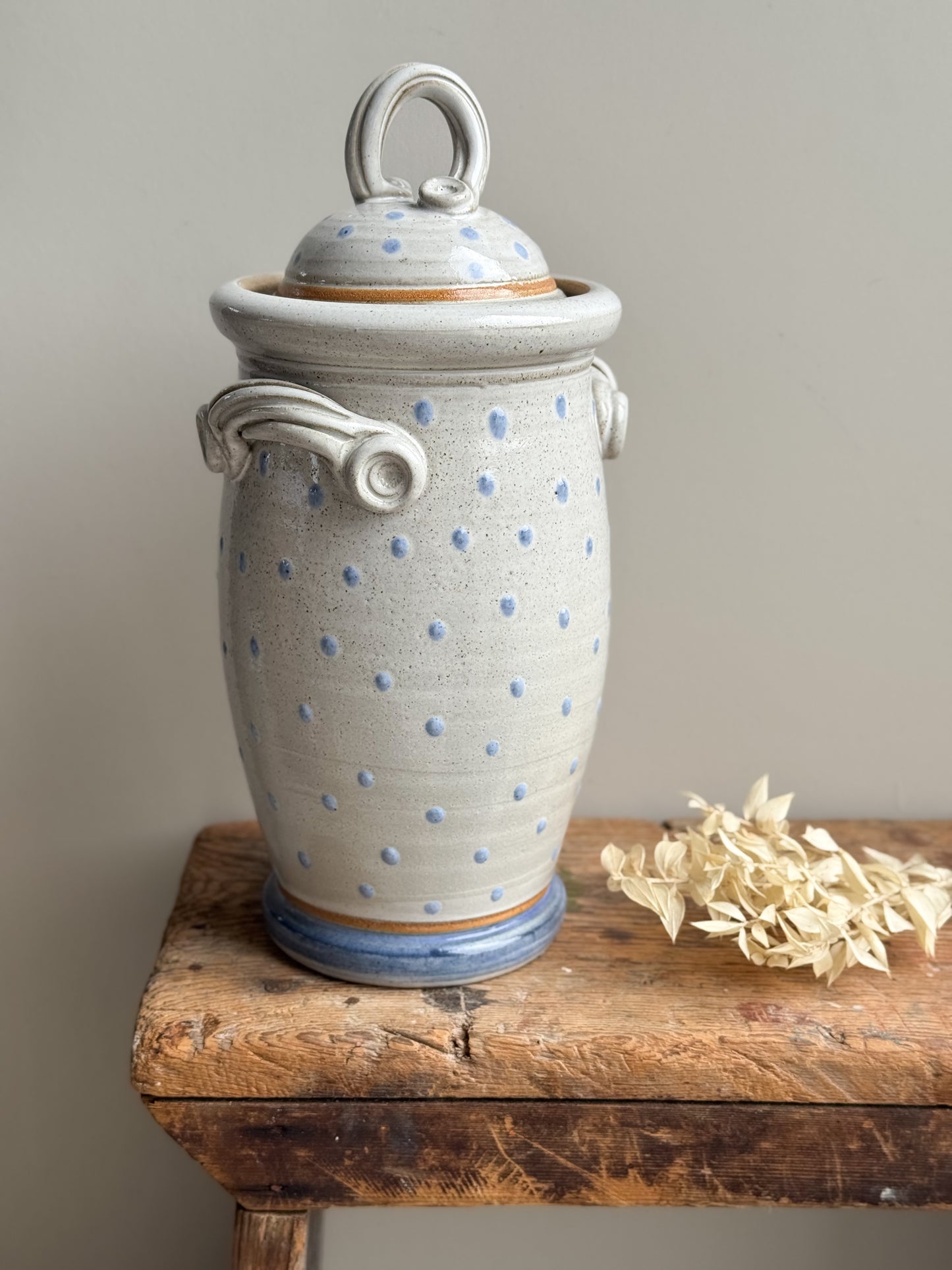 Vintage Tall Lidded Polka Dot Studio Pottery Jar, by Kelbrook Pottery