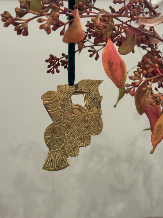 Vintage Solid Brass Teddy Bear Decoration - Train