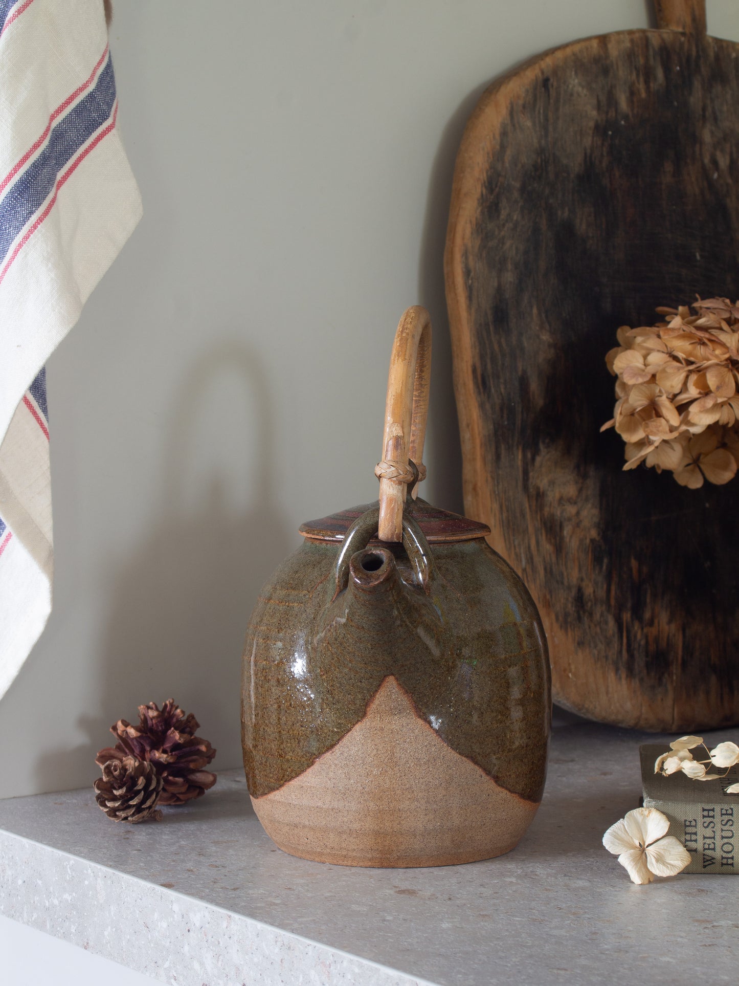 Vintage Olive Green Studio Pottery Teapot with Bamboo Handle
