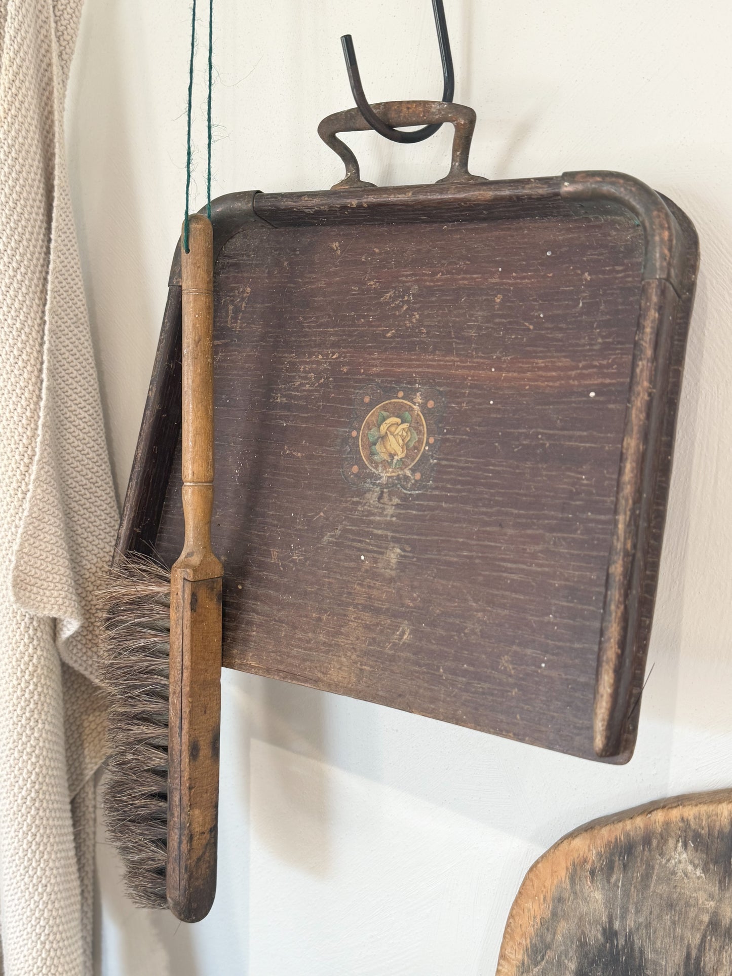 Antique Wooden Dust Pan & Brush With Rose Detail| Crumb Tray