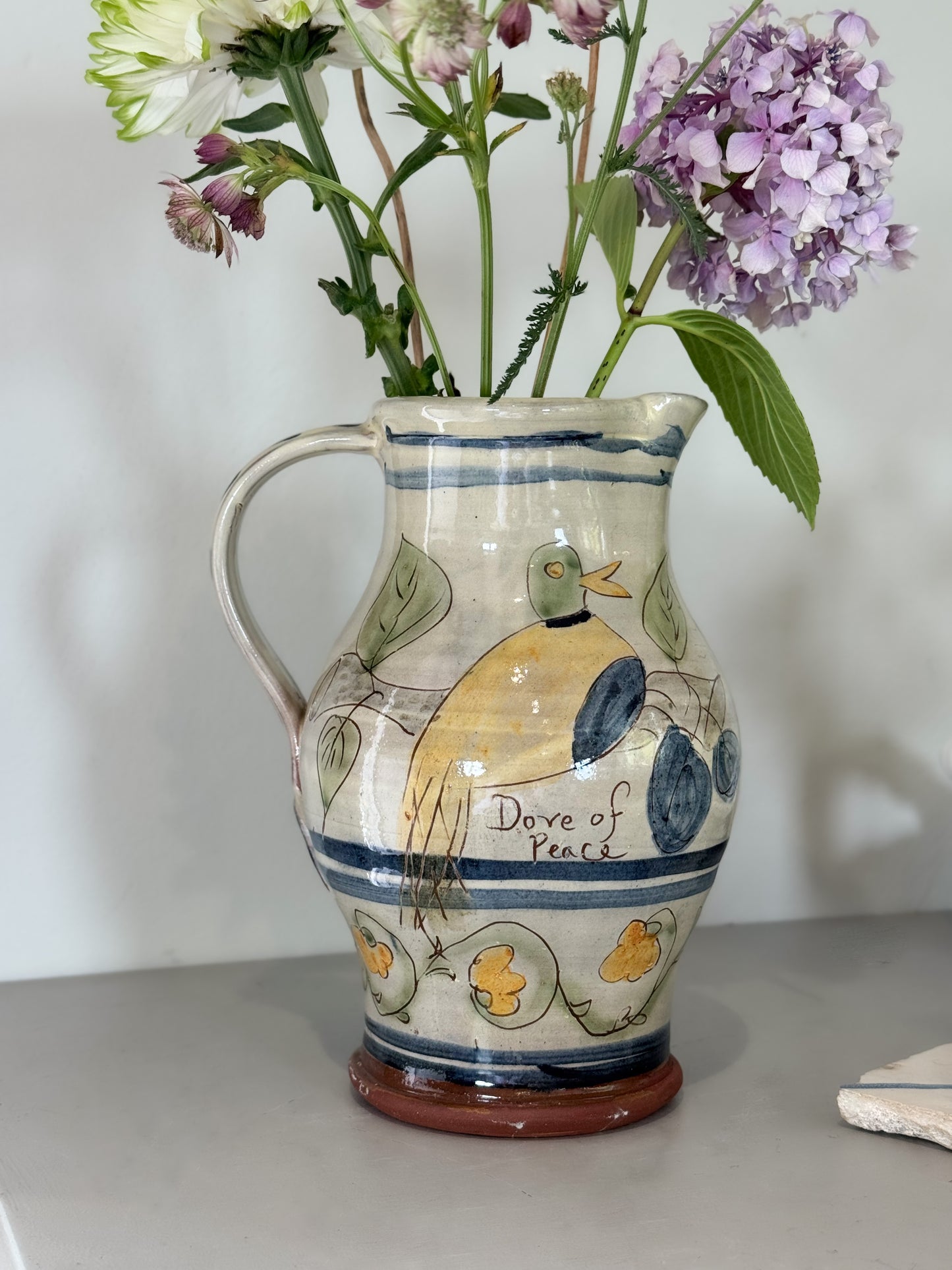 Very Rare Vintage 1980s ‘Dove of Peace’ Slipware Jug by Paul Jackson, Helland Pottery, Cornwall