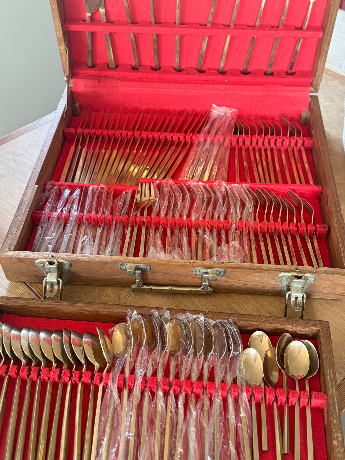 Vintage Midcentury Bronze Cutlery Canteen • Service for 12 Plus Serving Utensils • 156 Pieces