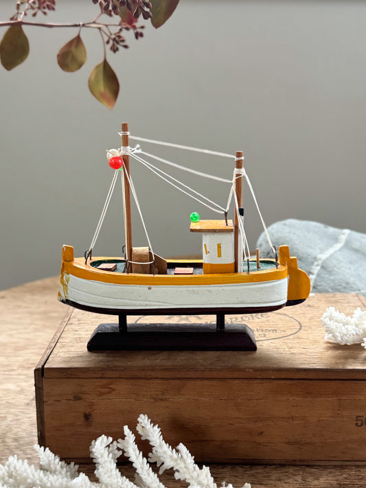 Vintage Handmade & Hand-Painted Wooden Fishing Boat (Yellow & White)