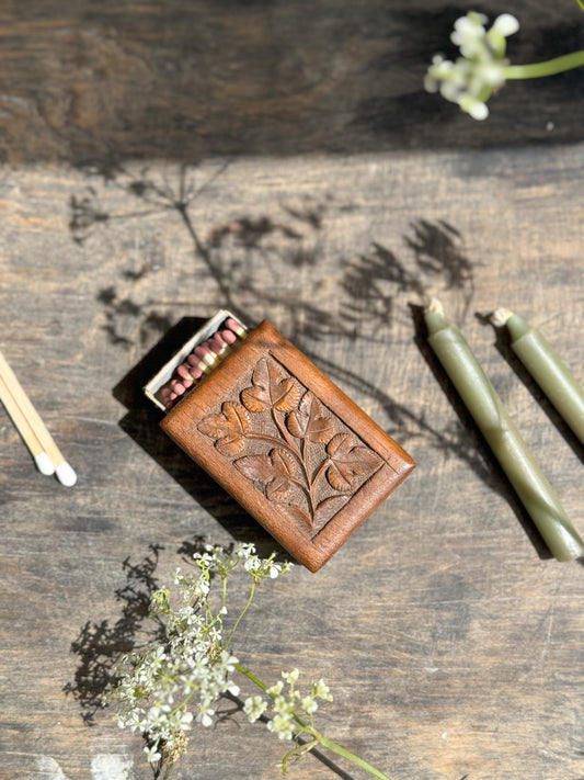Vintage Hand-Carved Wooden Match Box Cover (With Matches)