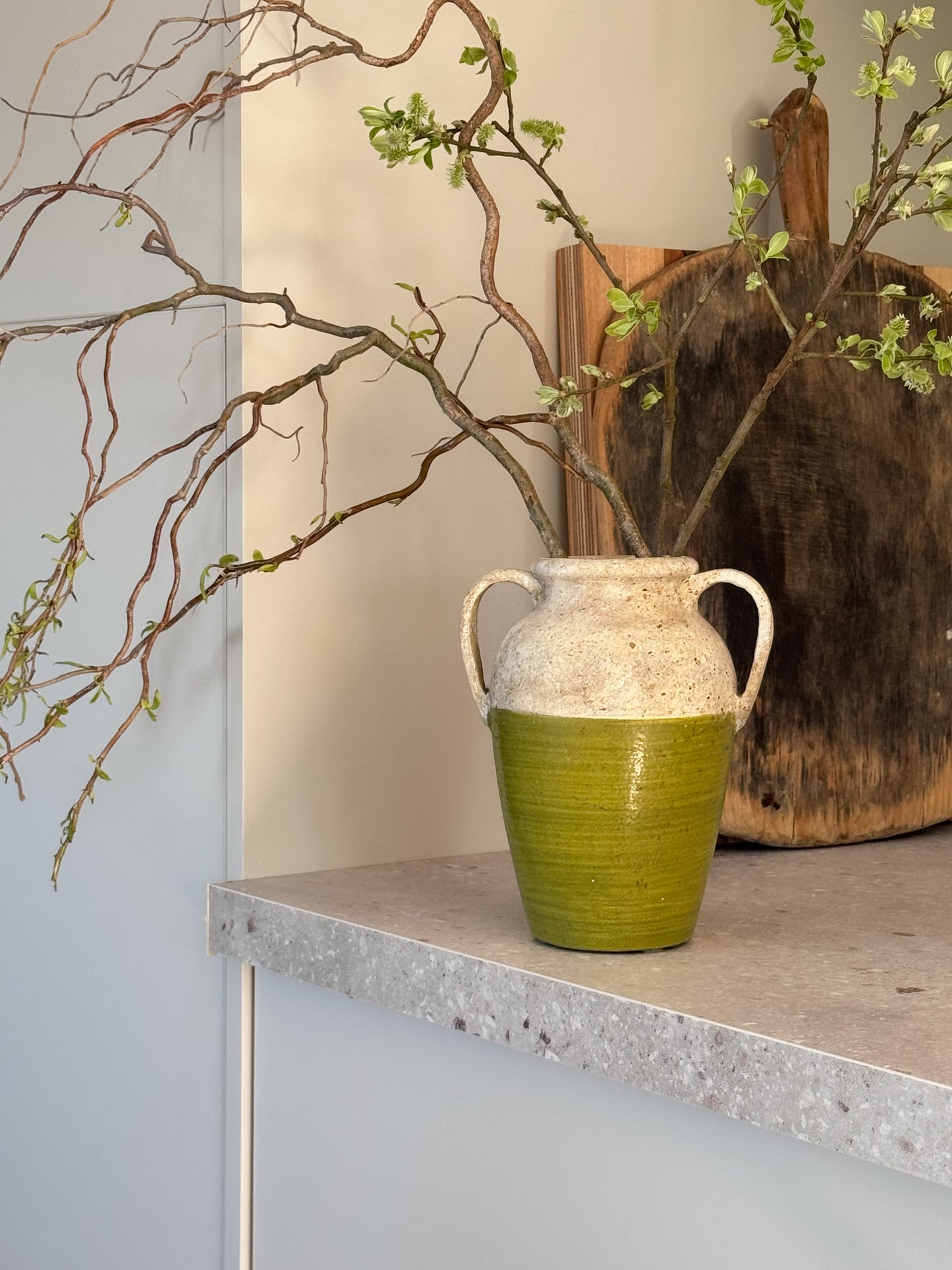 Late 20th Century Studio Pottery Olive Green Handled Vase, Textured Glaze, WLG Seal