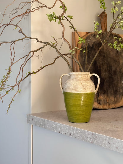 Late 20th Century Studio Pottery Olive Green Handled Vase, Textured Glaze, WLG Seal